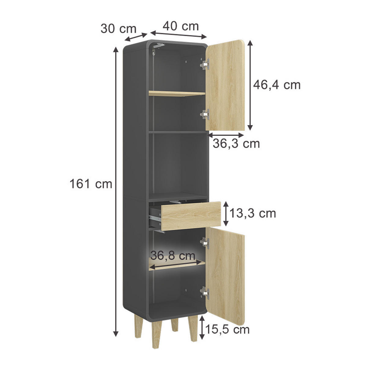BADEZIMMERMÖBEL Arla Anthrazit/Goldkraft Eiche 40 x 161 cm - Eichefarben/Anthrazit, Holzwerkstoff (40/161/30cm) - Vicco