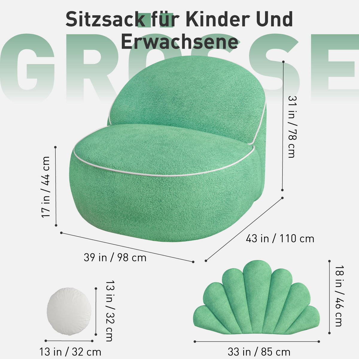 MUSCHEL-SITZSACK - Weiß/Grün, Textil (98/78/110cm) - Vercart