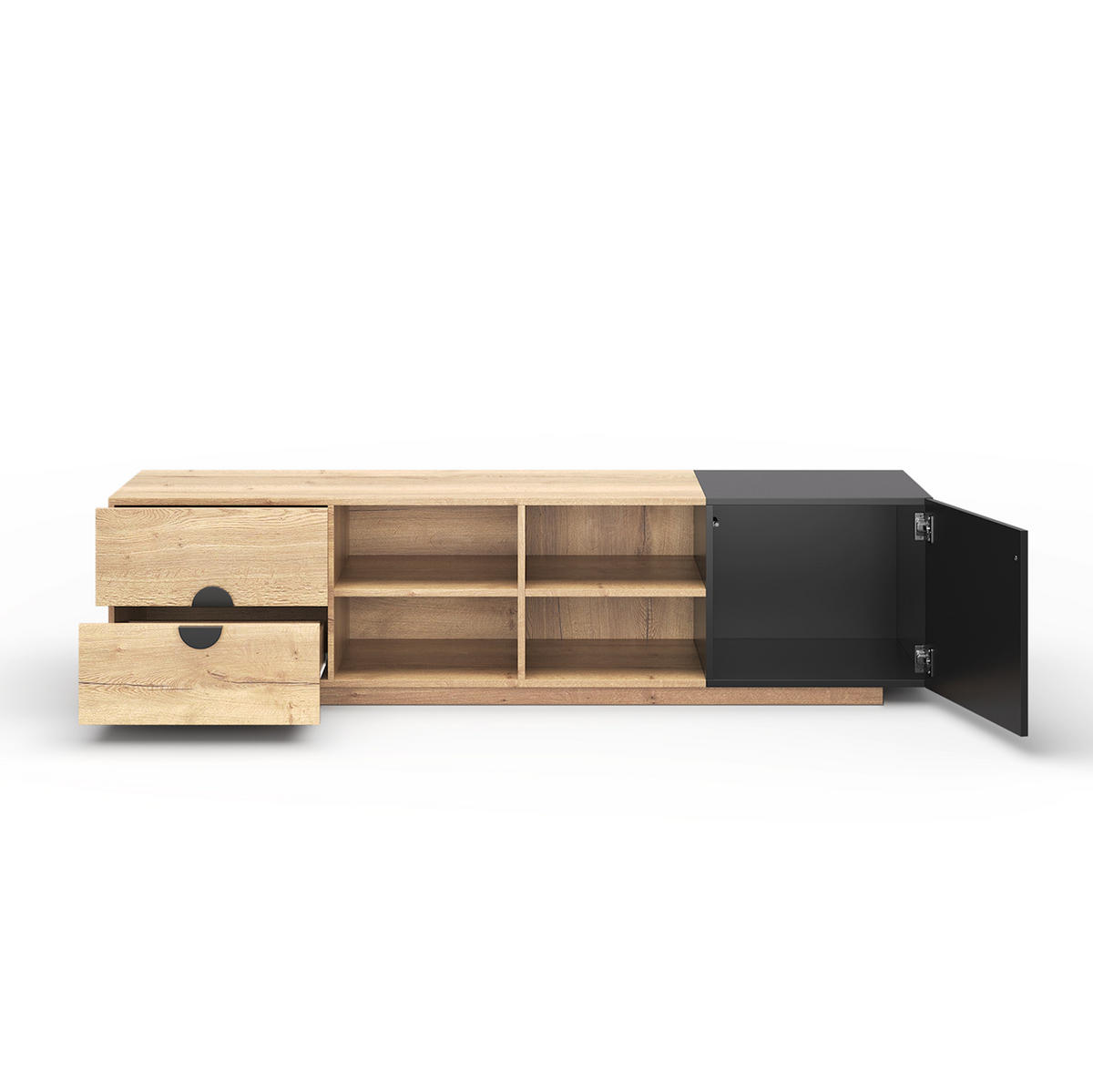 FERNSEHSCHRANK aus Holzwerkstoff 180x38,5x47 cm Schwarz/Naturholz mit LED-Beleuchtung, Schublade und offenen Fächern - Schwarz, Holzwerkstoff (180/47/38.5cm) - Modfu