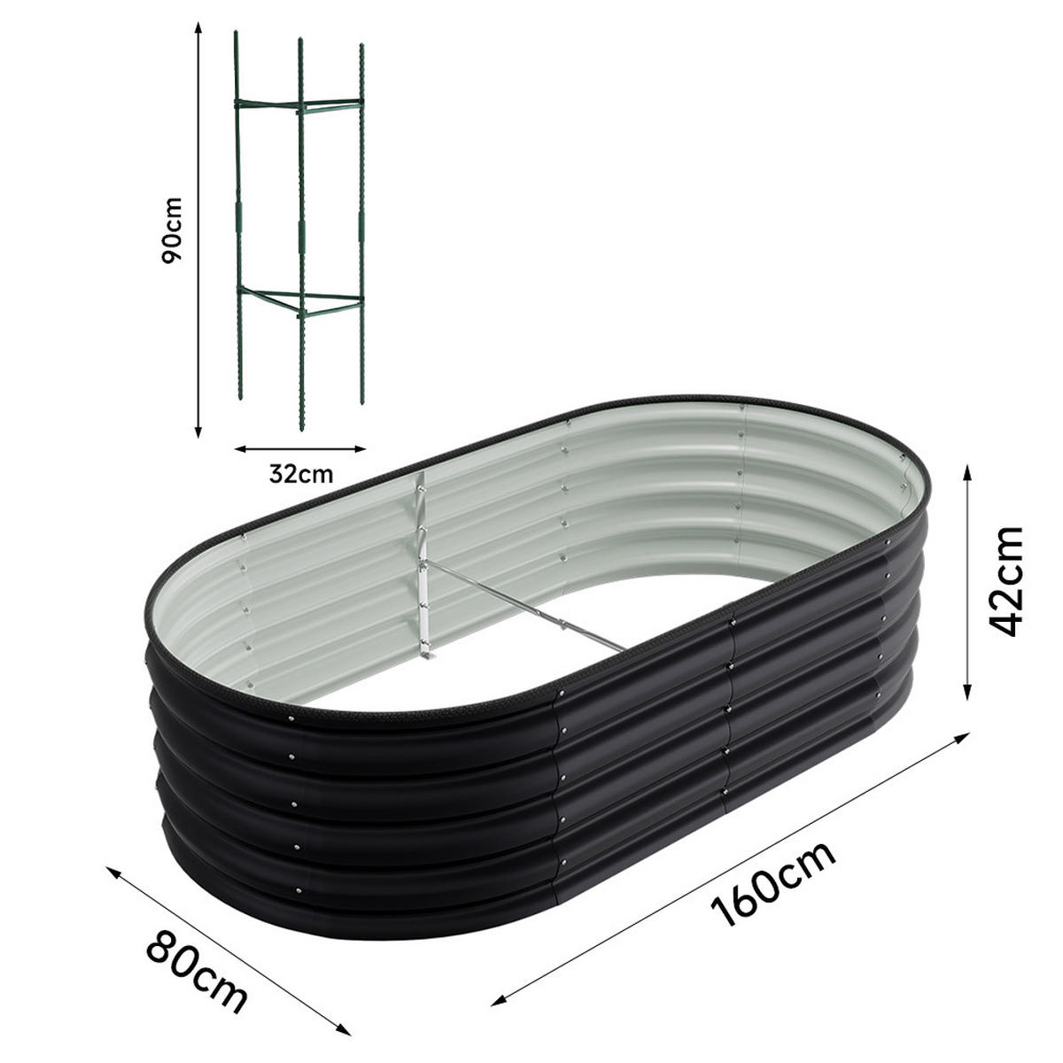 HOCHBEET-PFLANZKASTEN mit Pflanzenstütze aus verzinktem Stahl in Anthrazit Ovalen Blumenkasten für Garten Balkon 160 × 80 × 42 cm 8,3 kg - Dunkelgrau, Metall (80/42/160cm) - Livingandhome