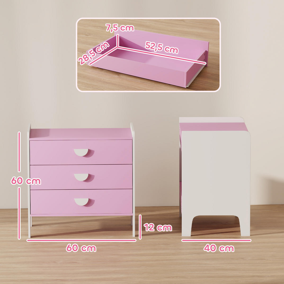 SPIELZEUGSCHRANK für Kinder, Kommode mit 3 Schubladen, Rosa+Weiß - Weiß/Rosa, Holzwerkstoff (40/60/60cm) - AIYAPLAY