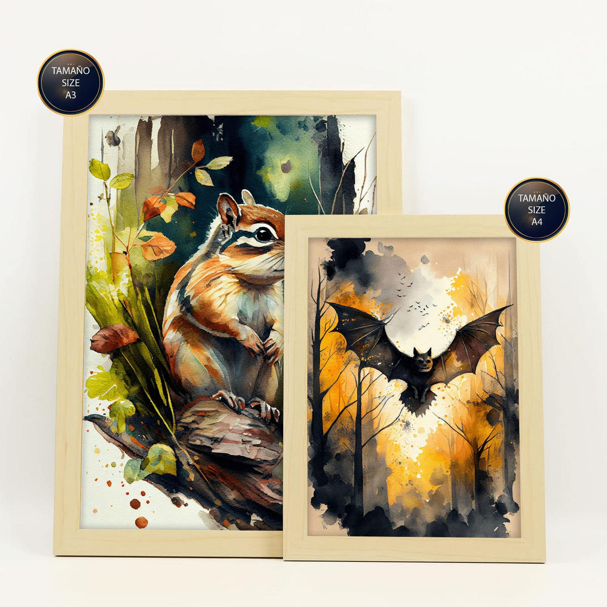 POSTER Set Mit 6 Lebensräume Illustrationen Von Tieren In Naturlandschaften, Realistischer Aquarellstil A3 & A4 Rahmen Aus Hellem Holz - Beige, Papier (29/3cm) - Nacnic