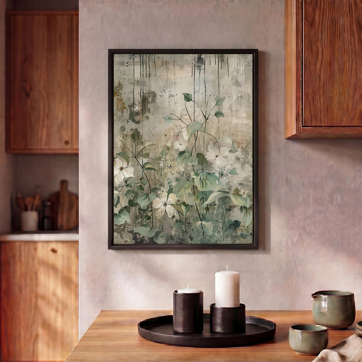 LEINWAND Bilder mit Rahmen - Blumen - Blätter - Abstrakt - Modern - 30x40 - Grau, Textil (30/40cm) - MuchoWow