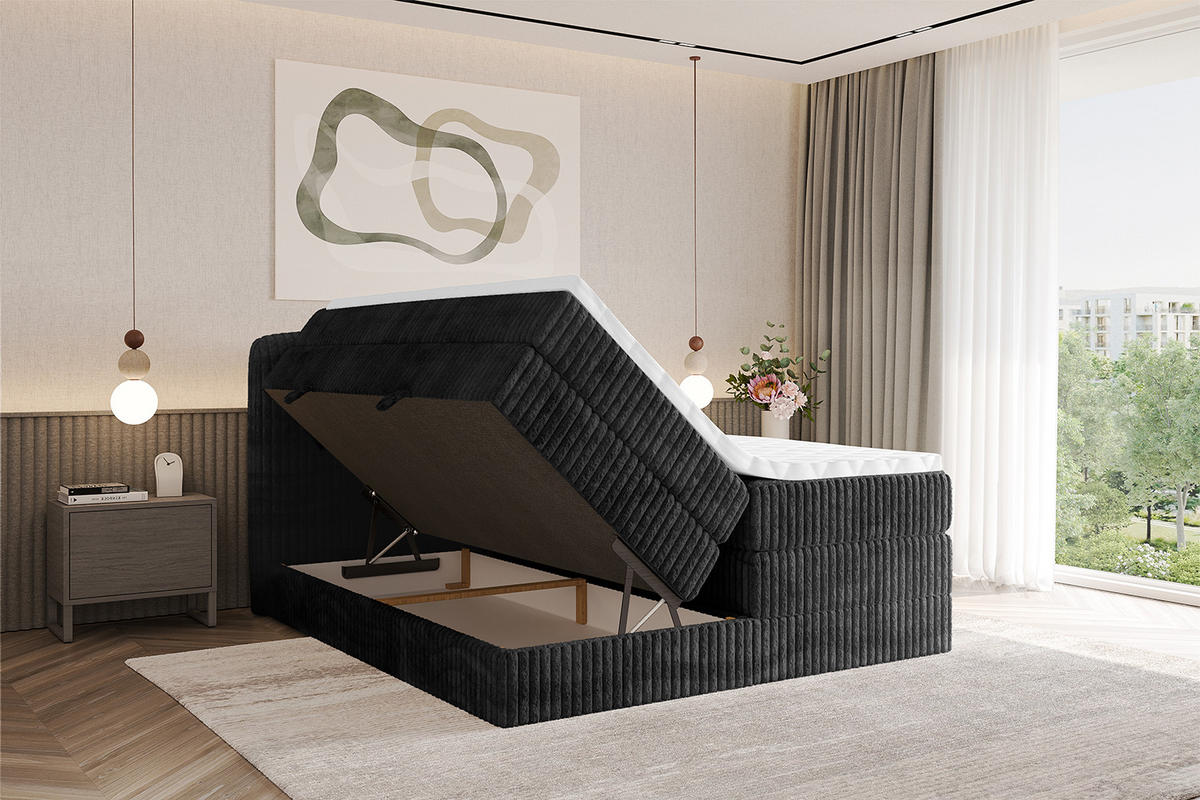 BOXBETT mit Matratze H3|H4 - NINA KING - 160x200 cm - Schwarz - Graubraun, Holzwerkstoff (160/200cm) - ALTDECOR