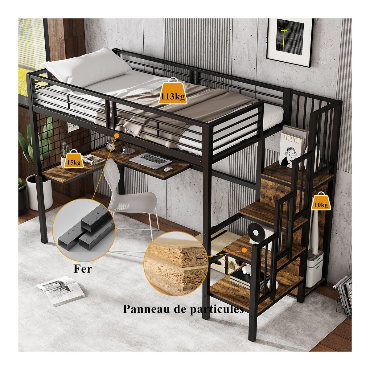 HOCHBETT 90/200 cm Schwarz mit Kleiderschrank und seitlicher Treppe aus Holz - Schwarz, Holzwerkstoff (90/200cm) - OKWISH