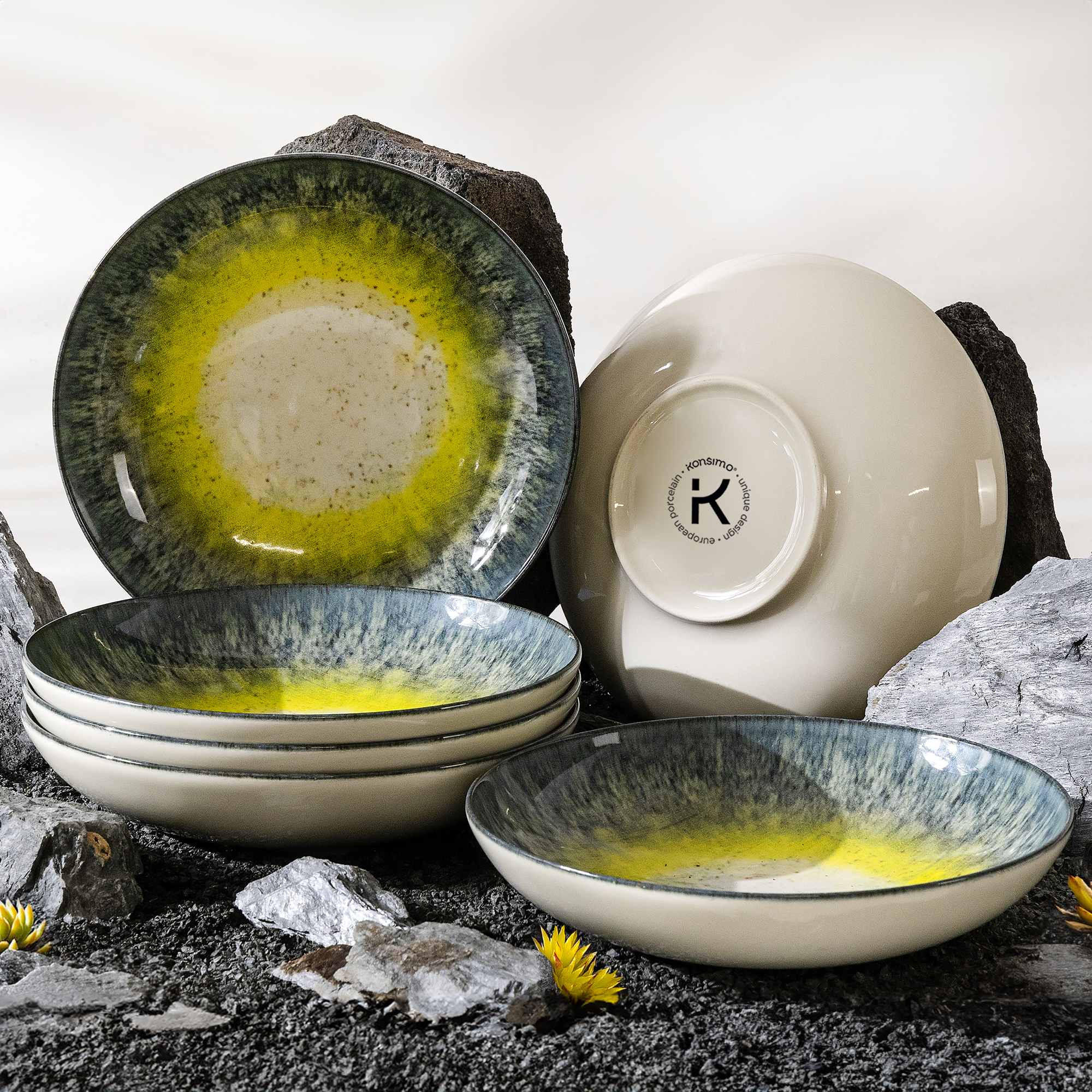 TELLER-SET LORENT 6-tlg Suppenteller Hartporzellan - Gelb/Dunkelblau, Keramik (22/4/22cm) - KONSIMO®