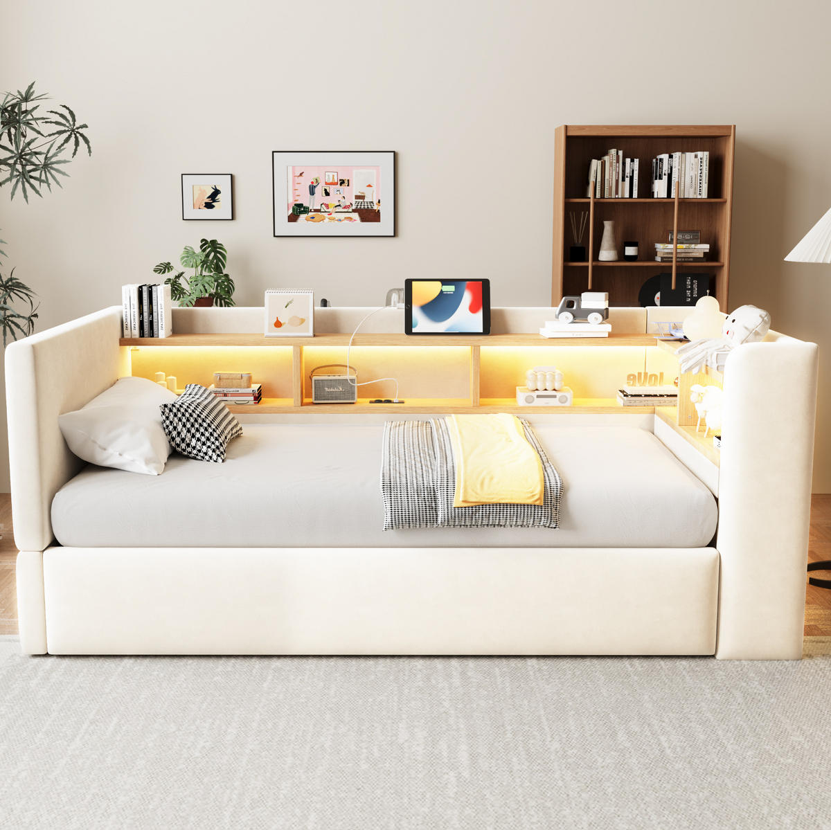 POLSTERBETT 90/190 cm aus Flanell mit LED-Beleuchtung und Steckdosen, Beige - Beige, Textil (90/190cm) - OKMYHOME