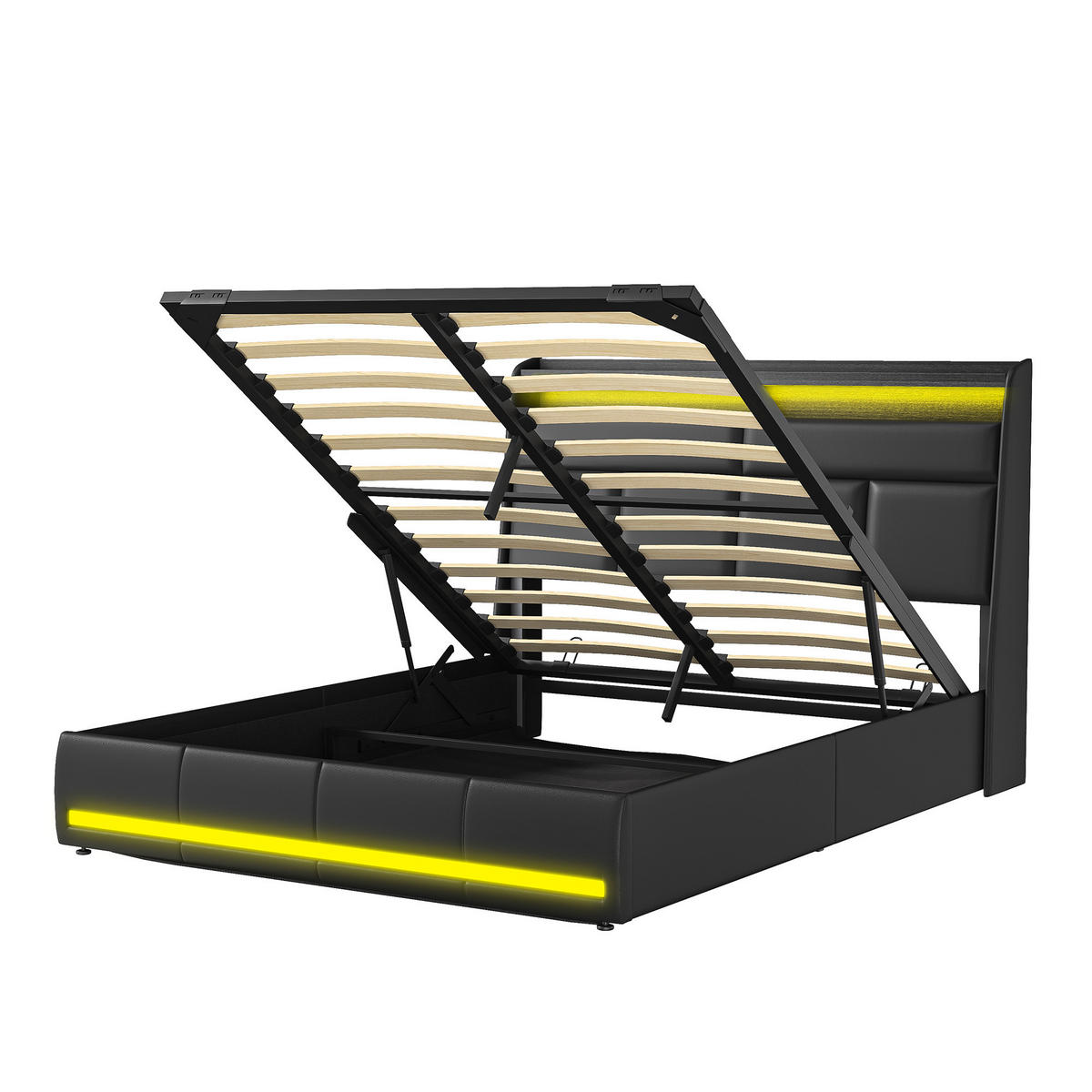 POLSTERBETT 140/200 cm mit Ablagekopfteil, RGB-LED-Beleuchtung am Kopfteil und am Fußende, Lederlook-Bezug - Schwarz, Holz/Metall (140/200cm) - Joyfair