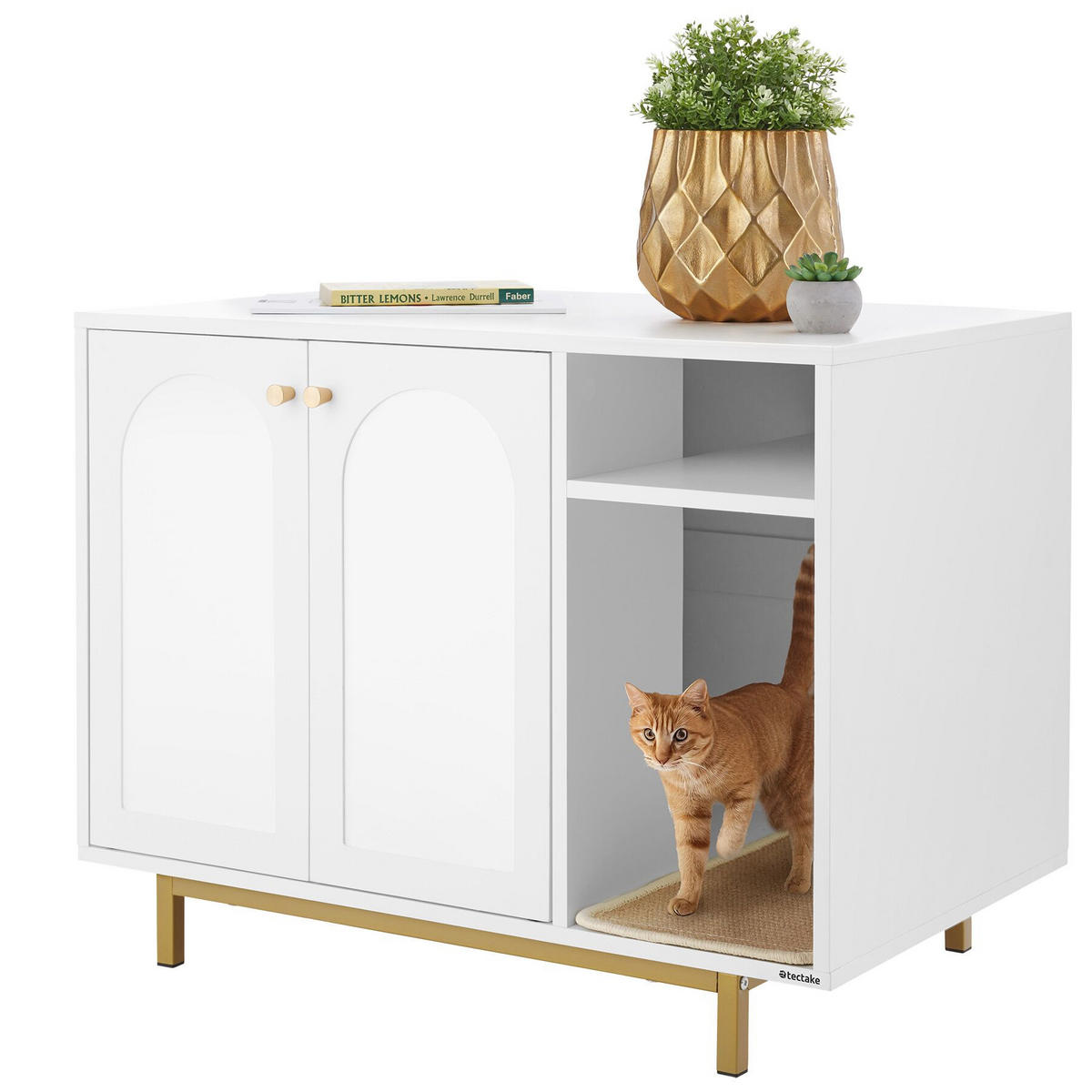 KATZENSCHRANK Kalea,inklusive Kratzmatte, 80 x 52 x 61,5 cm,weiß/gold - Goldfarben/Weiß, Holz (80/61.5/52cm) - tectake