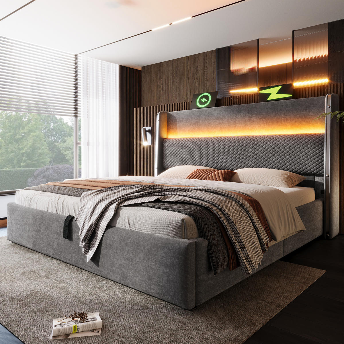 POLSTERBETT aus Leinen 140x200 cm in Grau mit LED & USB/Type-C & Stauraum - Grau, Textil (140/200cm) - Modfu