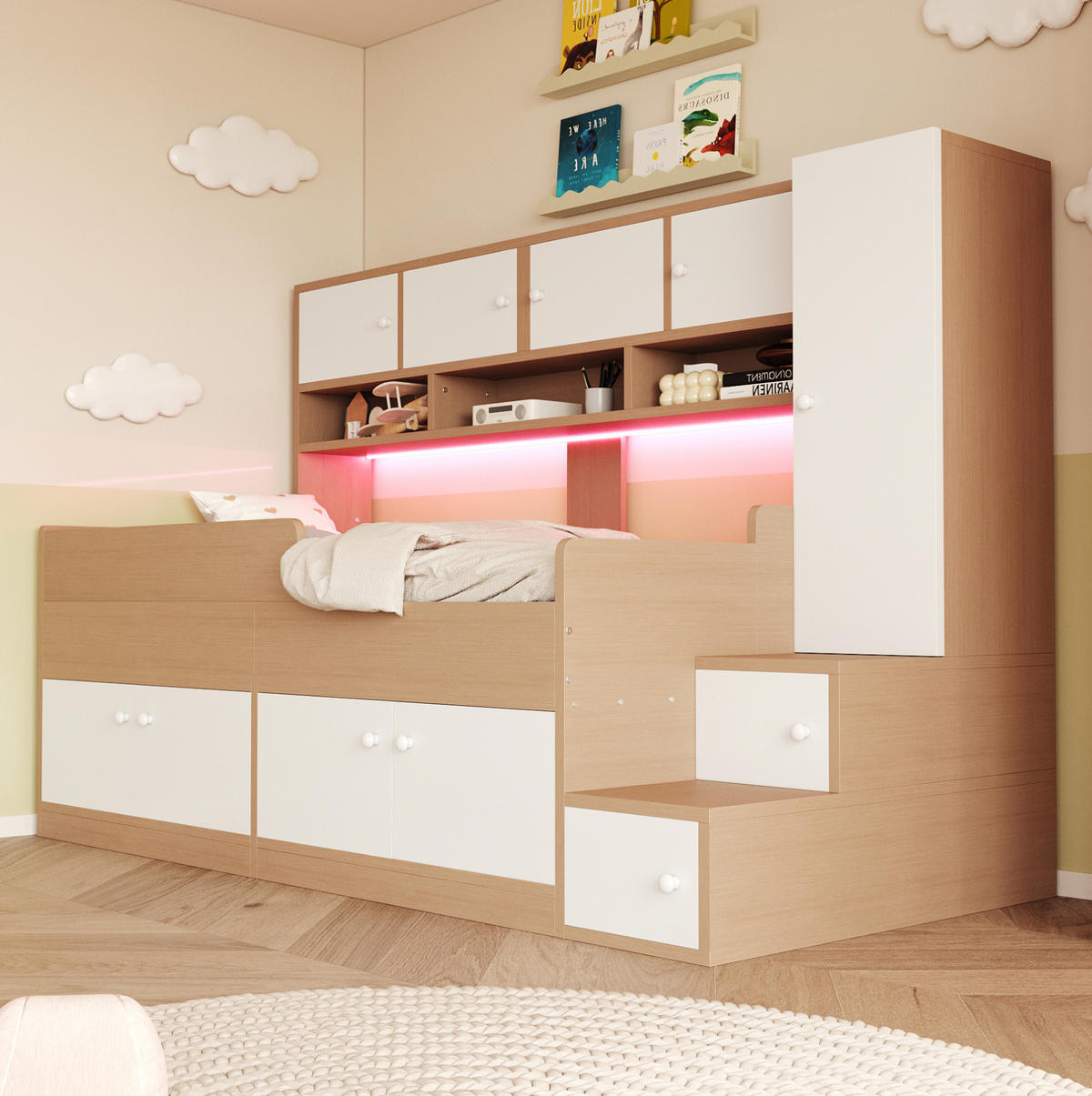 KINDEREINZELBETTEN aus MDF 90x200 cm in Naturholz mit LED-Beleuchtung & Stauraum - Naturfarben, Holzwerkstoff (90/200cm) - Modfu