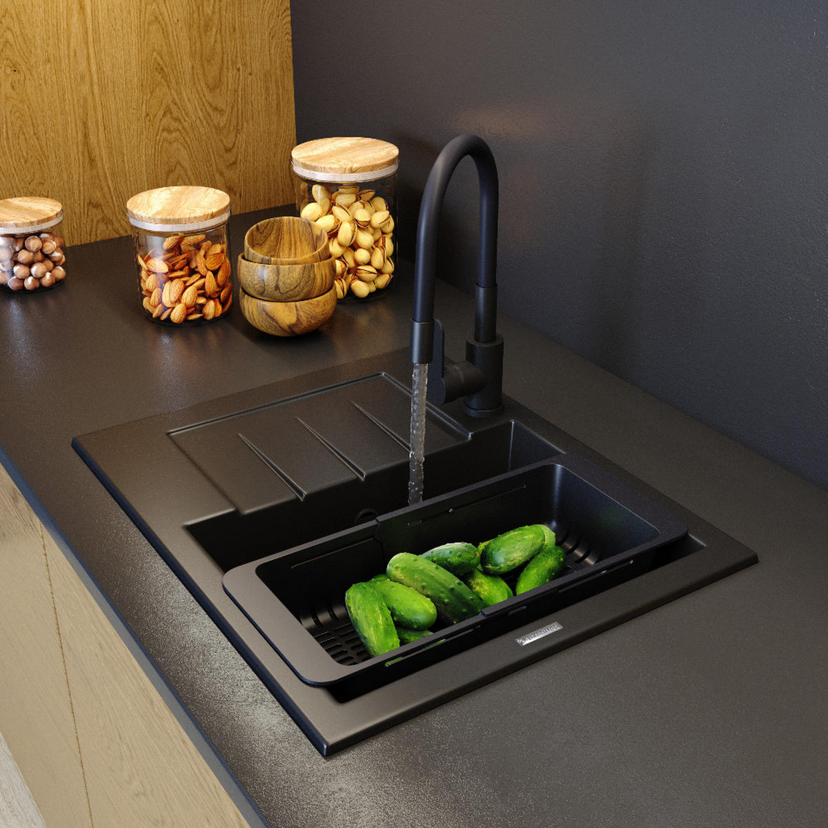 SPÜLBECKEN MILANO mit Batterie Siphon - Schwarz, Kunststoff/Stein (46/16/57cm) - Granitan