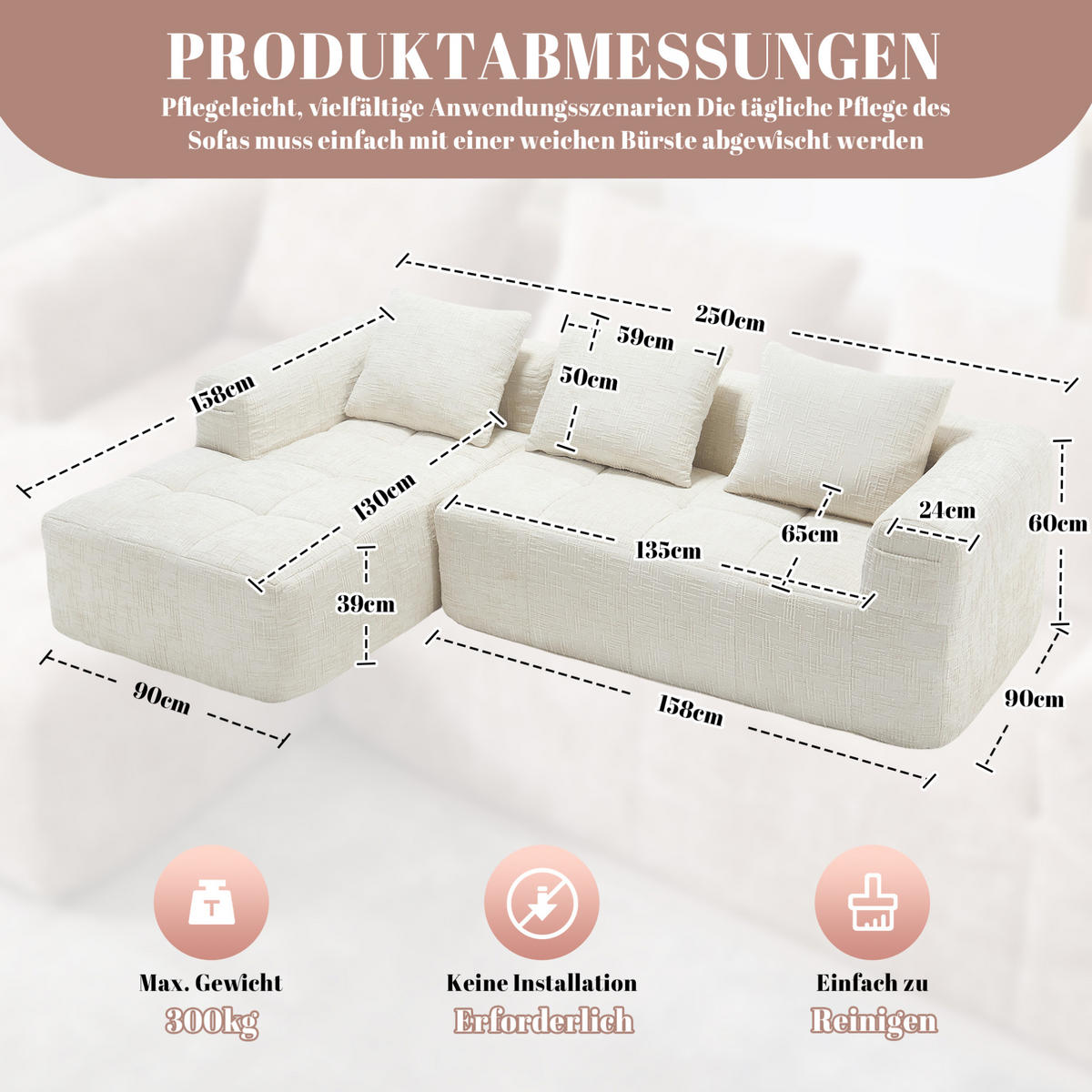 ECKSOFA 250/158/60 cm Beige aus Chenille mit Chaiselongue - Weiß, Textil (37/38.5cm) - OKMYHOME