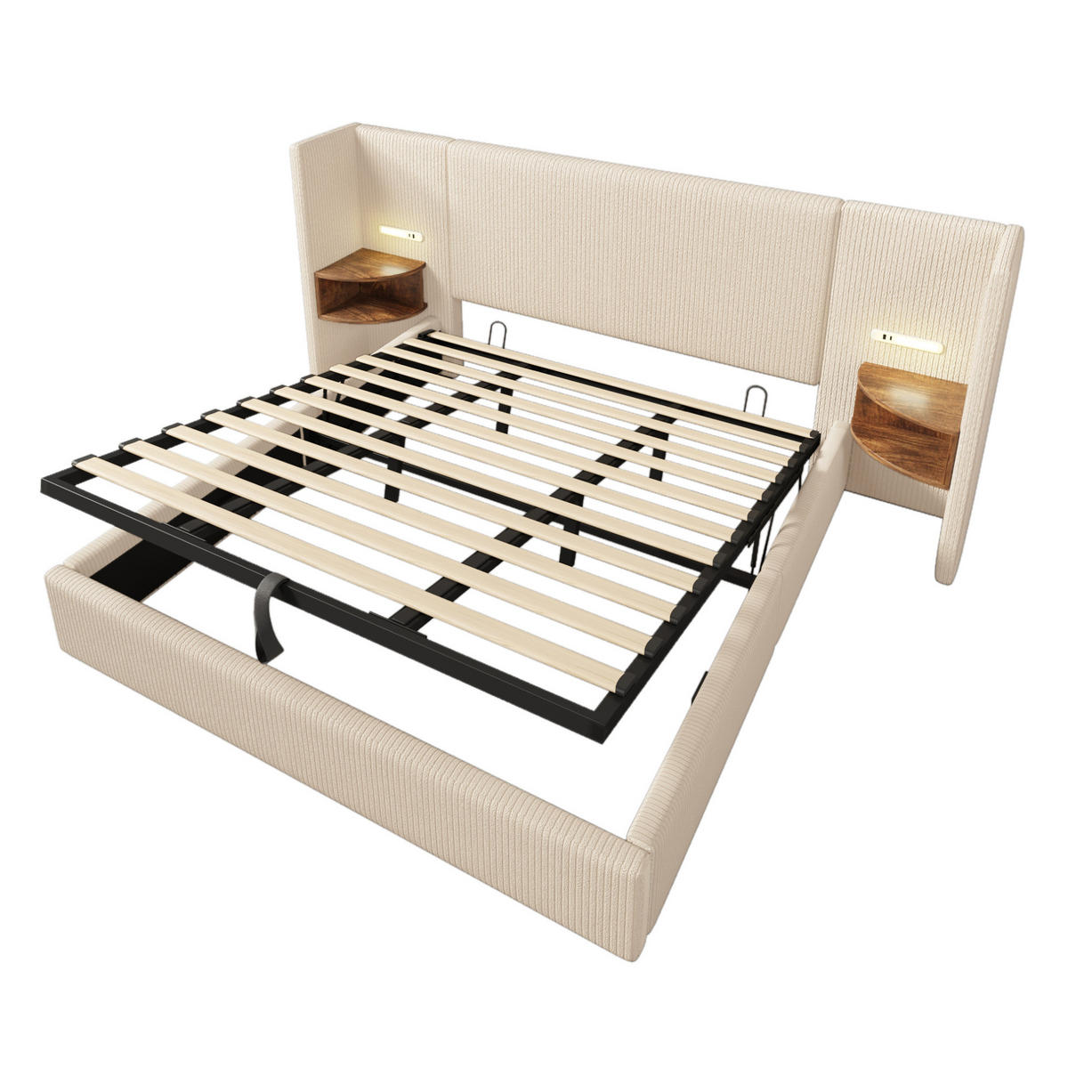 ČALÚNENÁ posteľ 180/200 cm béžovo-biela s úložným priestorom, USB, Type-C a lampou z manšestrovej látky - krémová, textil (180/200cm) - OKWISH