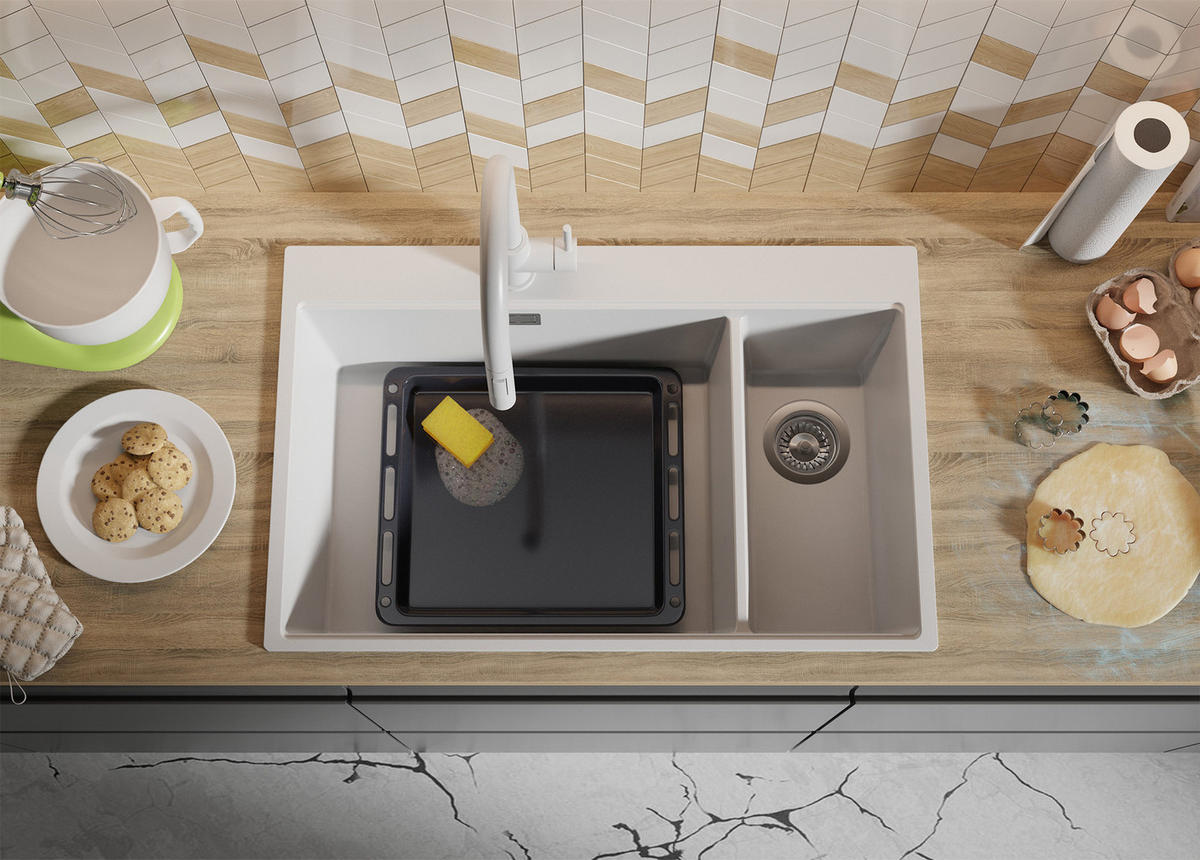 SPÜLBECKEN Oslo Duo, 2-er set Alles Weiß 78/50 cm 2 Becken + Ablauf-Set + Schneidebrett ab 80er Unterschrank - Beige/Weiß, Kunststoff (78/20/50cm) - Primagran