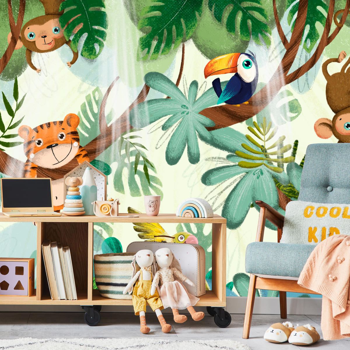 FOTOTAPETE für Kinderzimmer Süße Dschungeltiere Monstera Affen Tiger Vogel 200x140 - Gelb/Beige, Papier (200/140cm) - Muralo