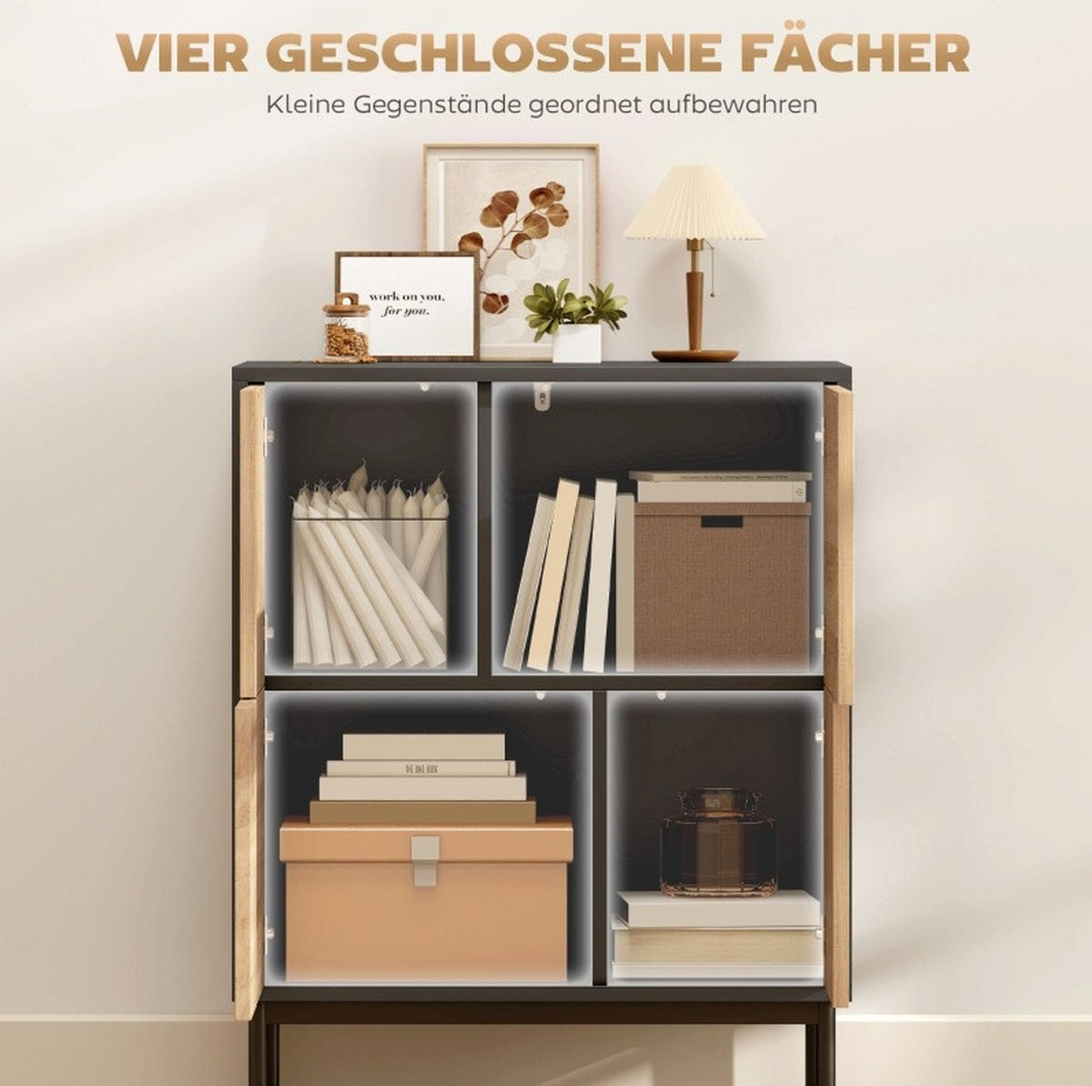 SIDEBOARD in Schwarz/Natur mit 4 Türen und Push-to-open-Funktion,60/78/35 cm - Schwarz, Holz (60/78/35cm) - Flora Grace