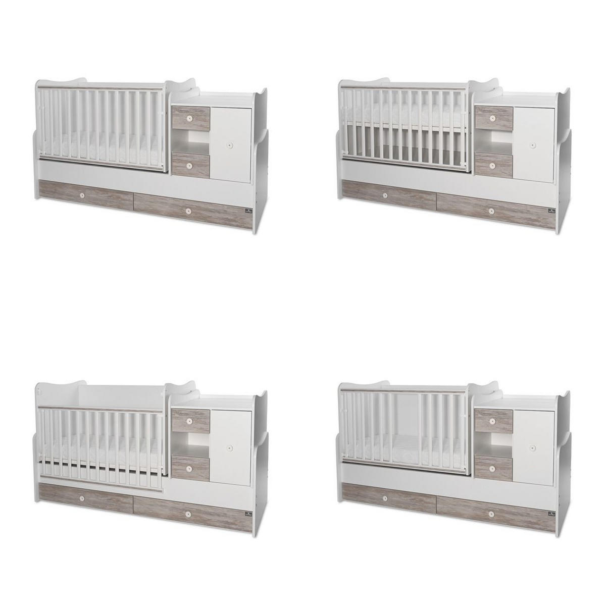 BABYBETT Mini Max 3 in 1 weiß grau 120 x 60 cm, Jugendbett 190 x 72 cm, Wickelkommode, Schaukelfunktion - Grau, Holzwerkstoff (72/190cm) - Lorelli