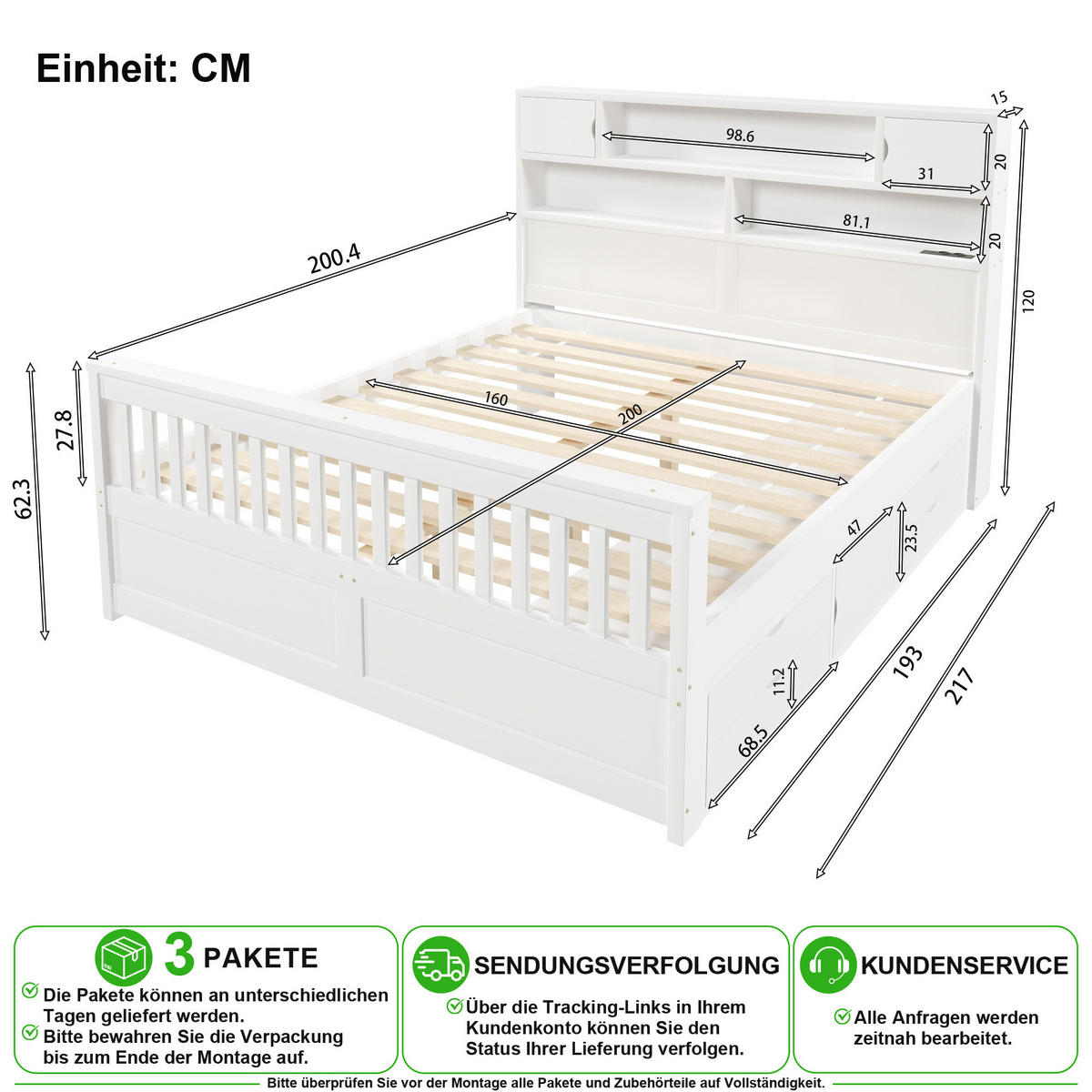 BETT 160/200 cm in Weiß mit 4 Schubladen, LED und Regal - Weiß, Holz/Holzwerkstoff (160/200cm) - CHICFURN