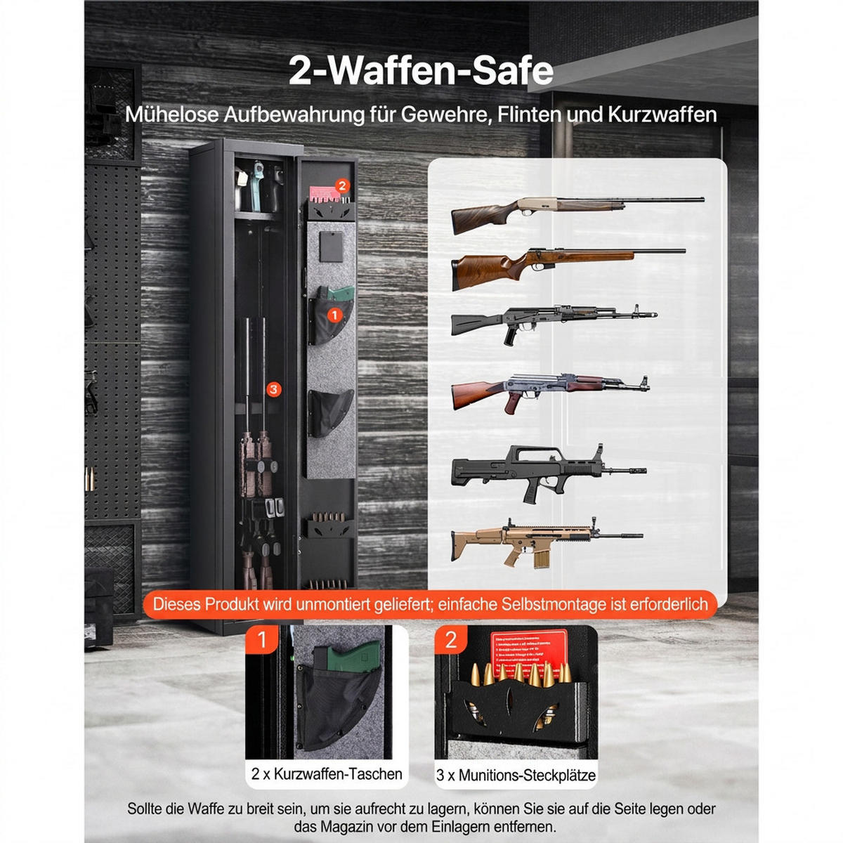 WERKZEUGKOFFER Waffenschrank für 4 Langwaffen mit Zahlenschloss und 3 Munitionsfächern - Schwarz, Metall (10/10/10cm) - Raelunyi