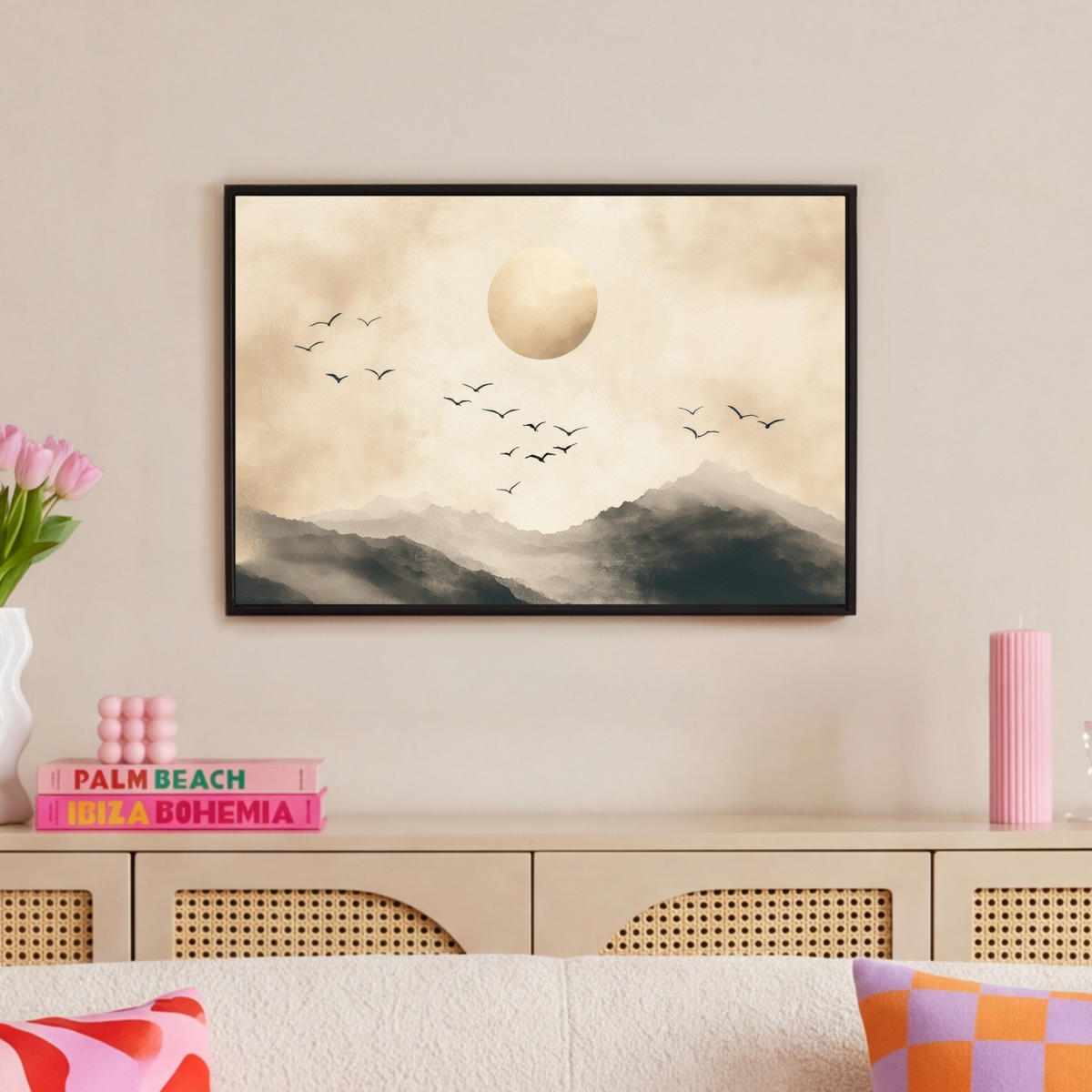 LEINWAND Bilder mit Rahmen - Landschaft - Japandi - Vogel - 60x40 - Beige, Textil (60/40cm) - MuchoWow