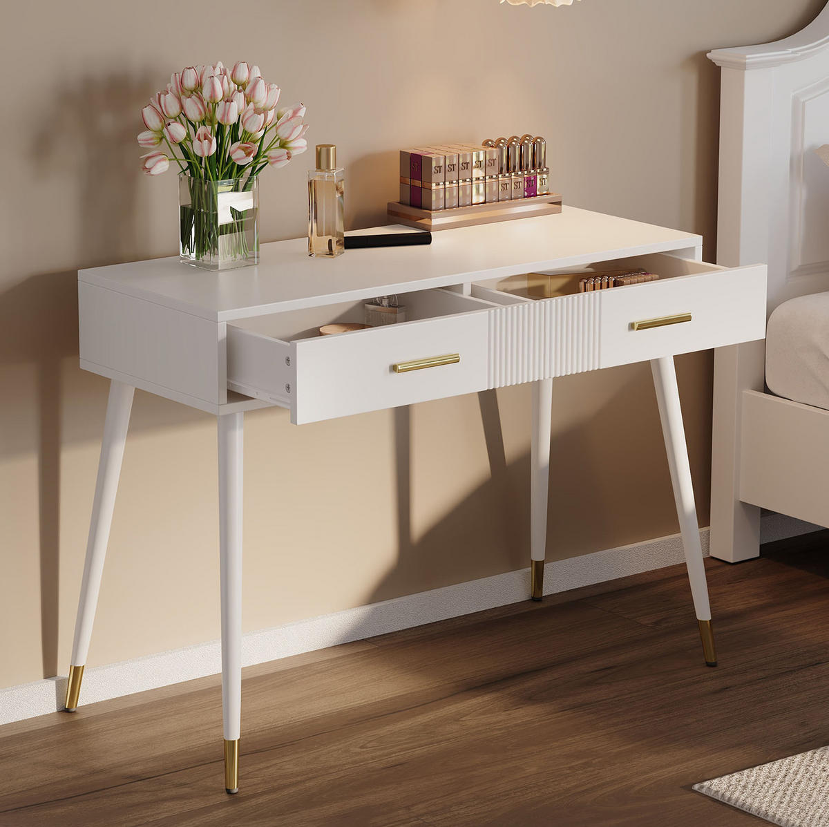 SCHMINKTISCH 100/40/76 cm mit 2 Schubladen, Metallfüßen und vielseitiger Nutzung, Weiß - Weiß, Holzwerkstoff (100/76/40cm) - Redom