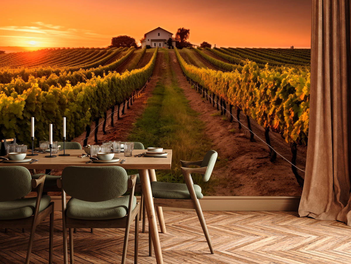 FOTOTAPETE für Esszimmer Weinberg Sonnenuntergang Obstgarten 450x315 - Gelb/Beige, Papier (450/315cm) - Muralo