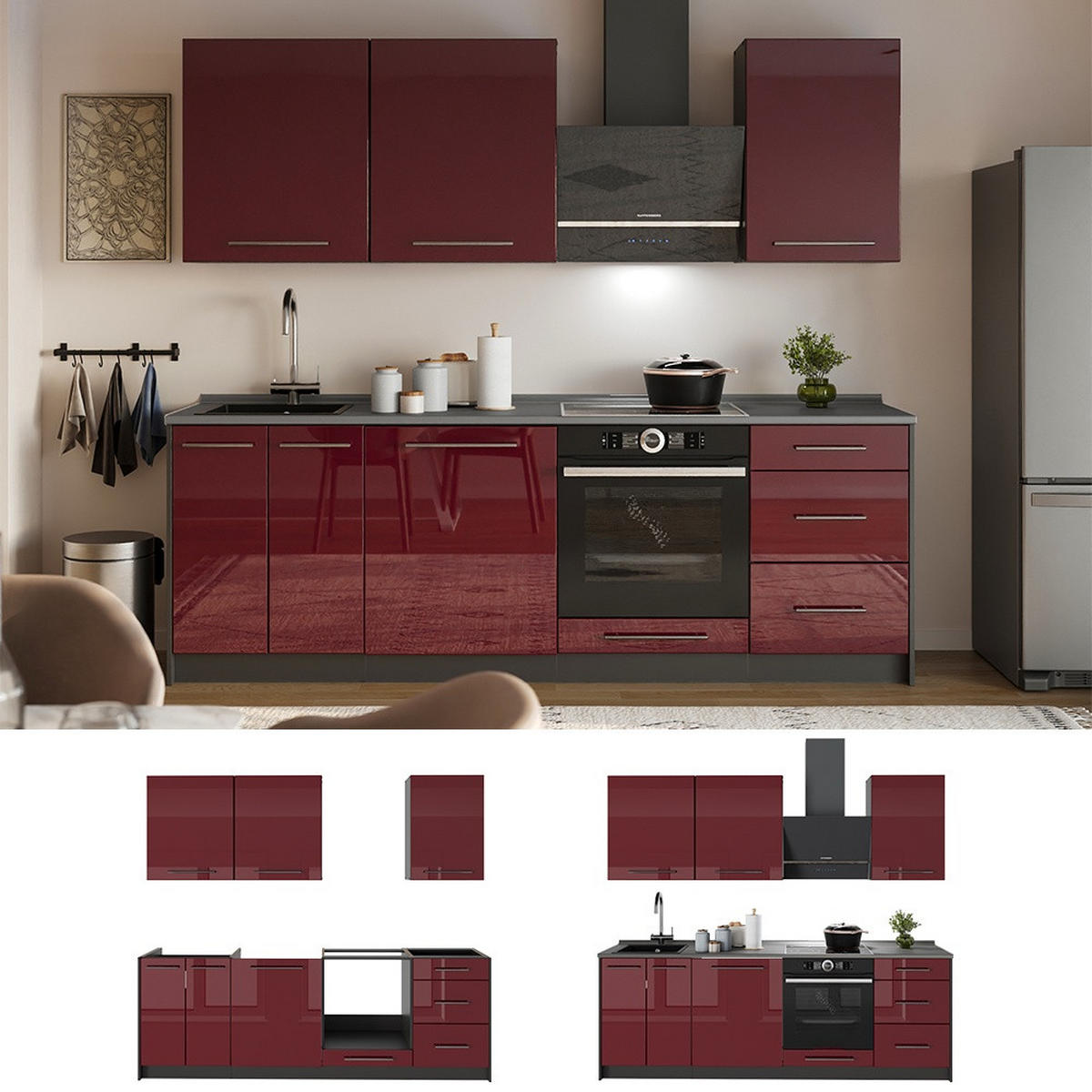 CHICINETĂ Fame-Line, Bordeaux lucios ridicat/antracit, 230 cm, AP Stejar - bordo/antracit, compozit lemnos (230/206.8/60cm) - Vicco