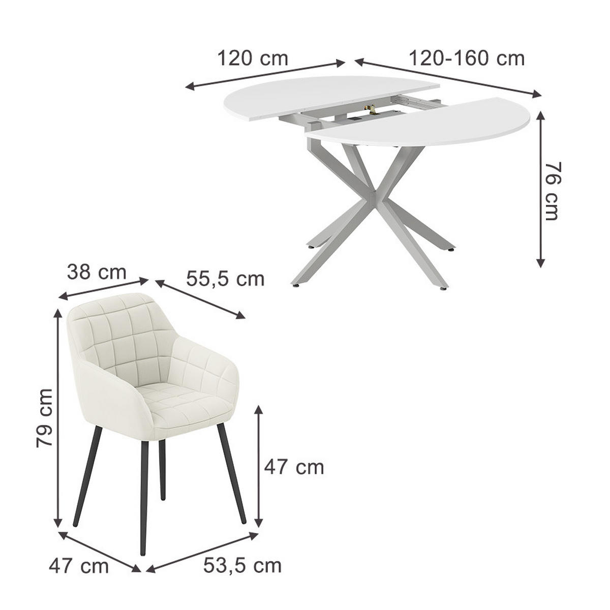 ESSTISCH-SET Loyd, Weiß/Grau, 120 x 120 cm mit 4 Esszimmerstühlen (Beige) - Weiß/Grau, Holzwerkstoff (120/76.5/120cm) - Vicco