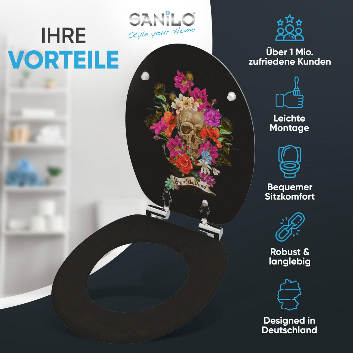 WC-SITZ Absenkautomatik Day of the Dead - Schwarz, Holzwerkstoff (38/6/47cm) - Sanilo