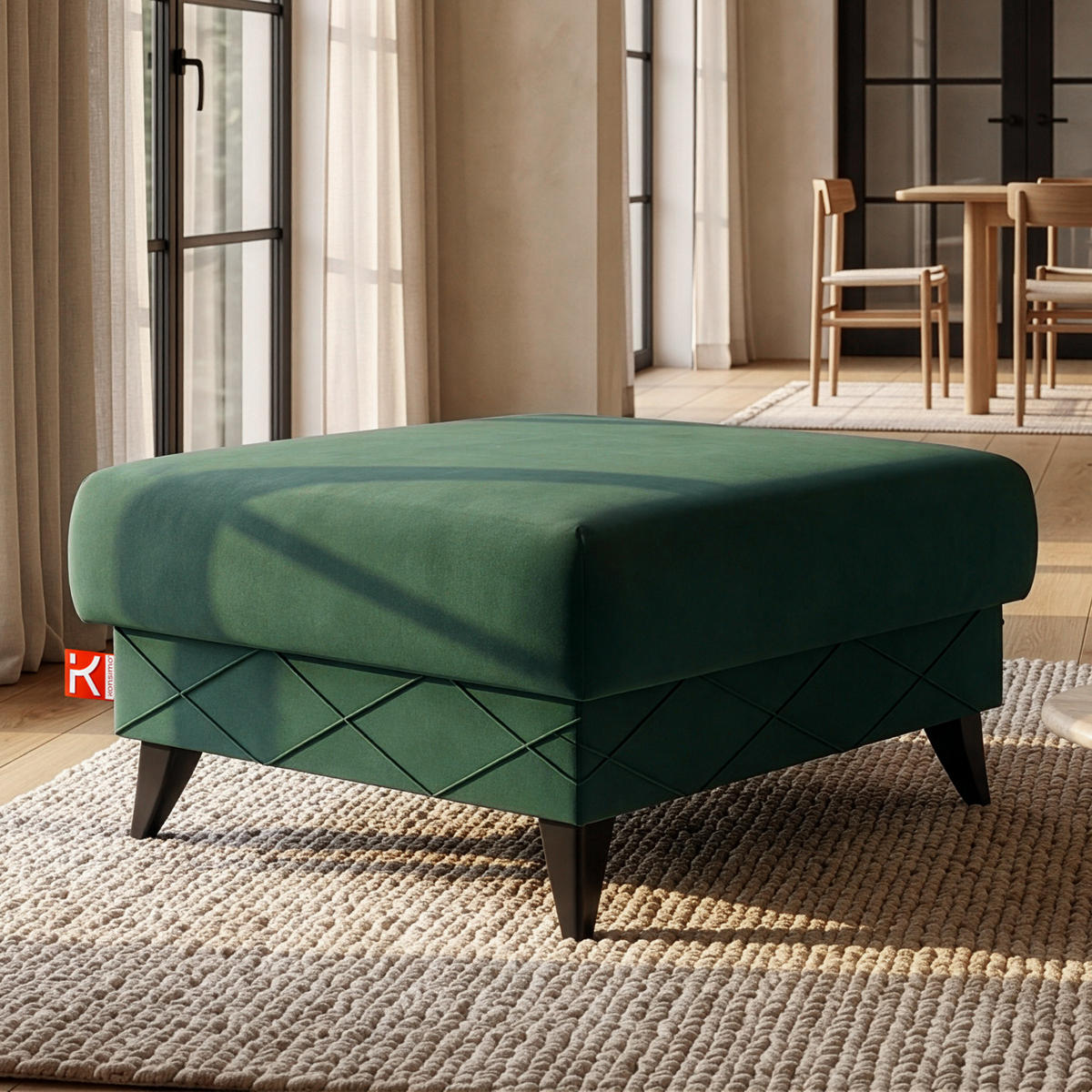 POUF GUSTAVO III Velours, Dunkelgrün - Dunkelgrün, Holz/Holzwerkstoff (92/49/92cm) - KONSIMO®