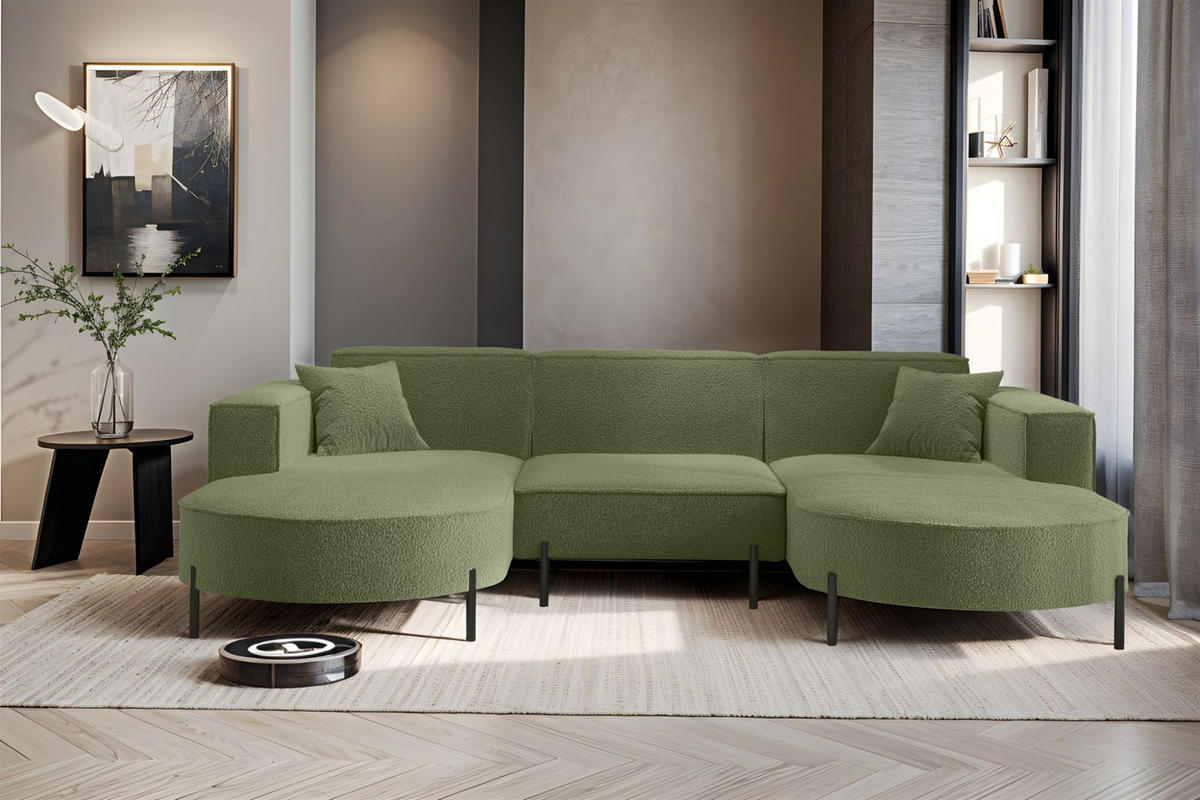 WOHNLANDSCHAFT Valencia - Hellgrün, Holzwerkstoff/Textil (299/80/165cm) - Fun Möbel