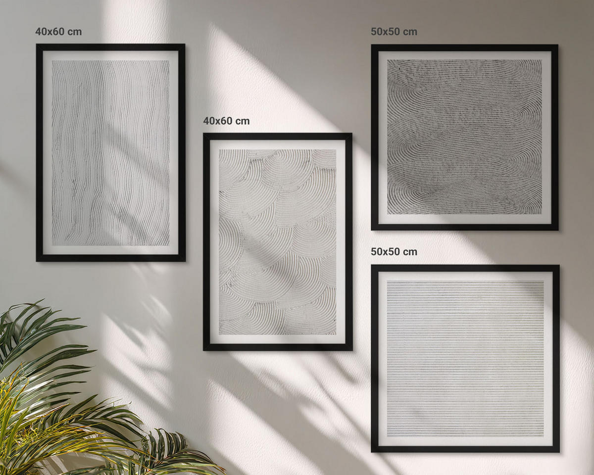 WANDBILDER 4er-Set - 50x50 cm & 40x60 cm Schwarzer Rahmen - Sandmuster geometrische Strukturen - Schwarz, Kunststoff (50/50cm) - ArtPrintCave