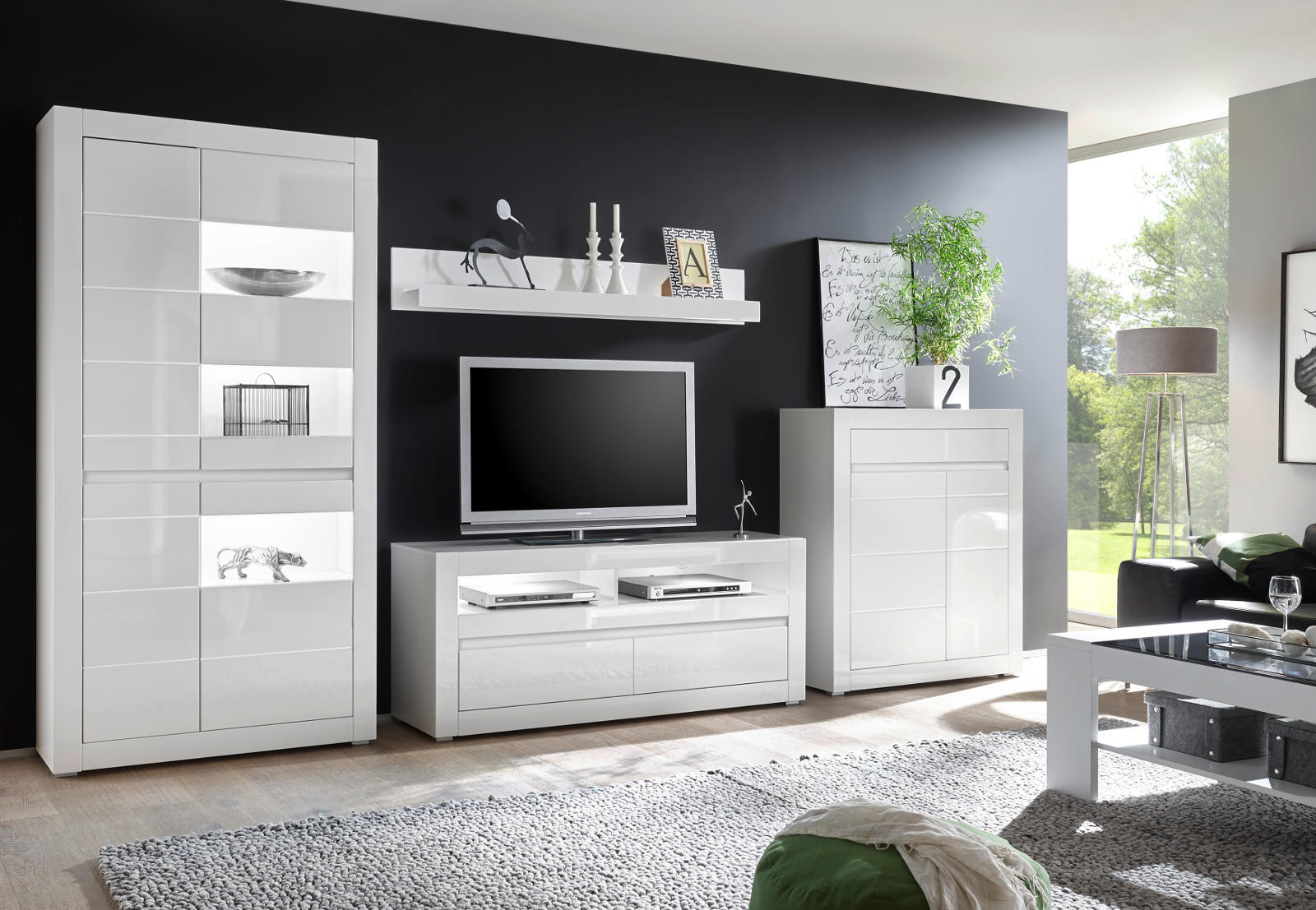 Furn.Design Wohnwand Weiß, Weiß Hochglanz, Grau 370x198x42 cm