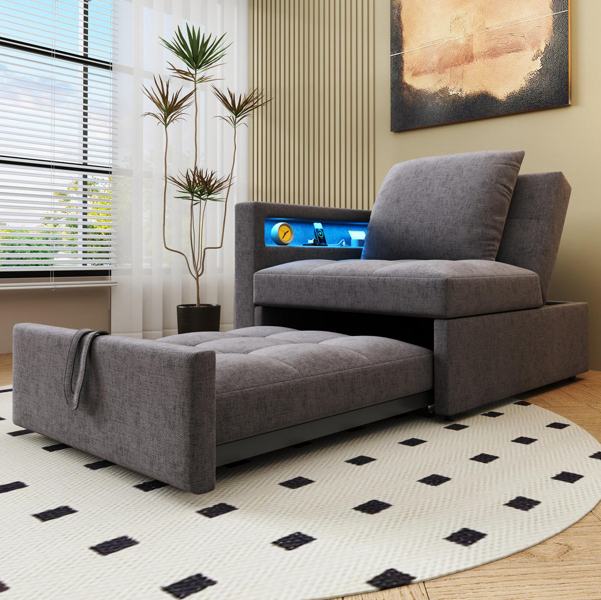 SCHLAFSOFA 3-in-1 Dunkelgrau mit verstellbarer Rückenlehne & USB-Anschlüssen 177/68/65 cm - Dunkelgrau, Leder (68/65/97cm) - OKWISH