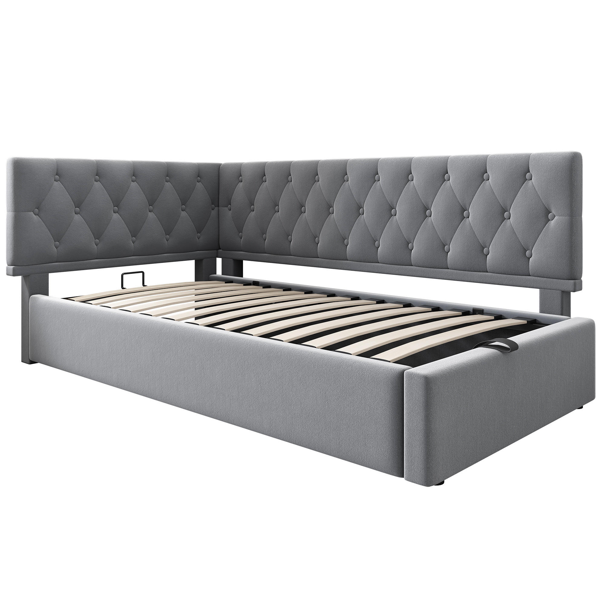 Modfu ČALOUNĚNÁ postel ze sametu 90x190 cm šedá s hydraulickým úložným prostorem a variabilním čelem ve tvaru L