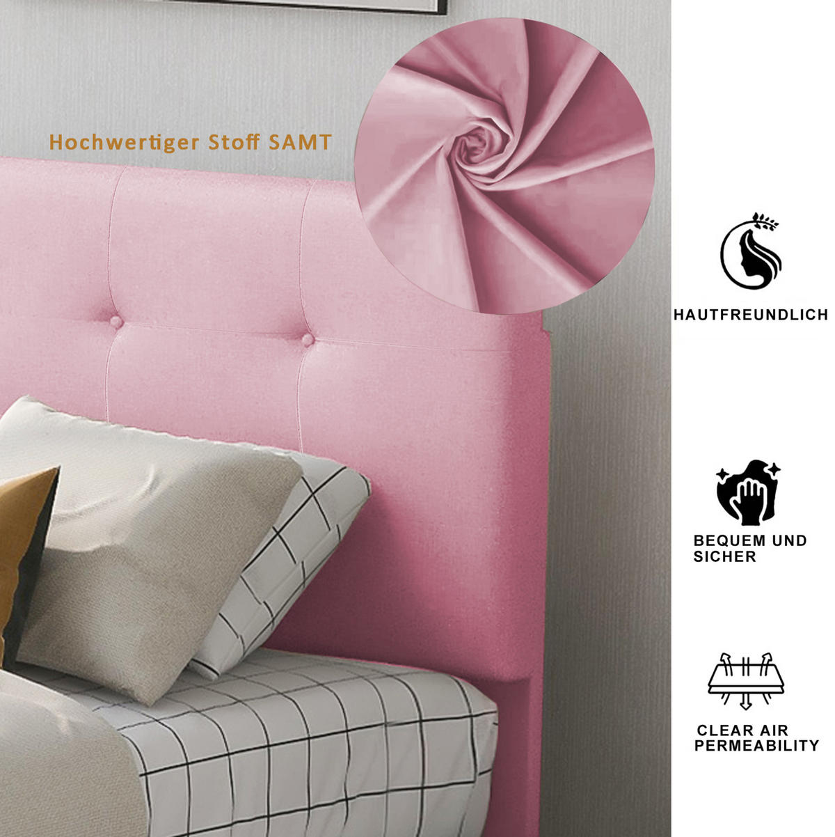 POLSTERBETT 90/200 cm Pink aus Samt mit Schublade und Lattenrost - Pink, Textil (90/200cm) - OKMYHOME