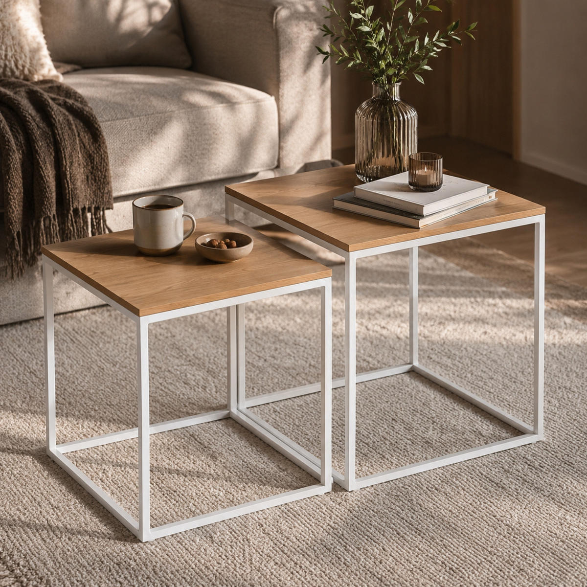 COUCHTISCH 2er-Set quadratisch Weiß, Braun - Braun, Metall (50/50/50.5cm) - SCENA LIVING