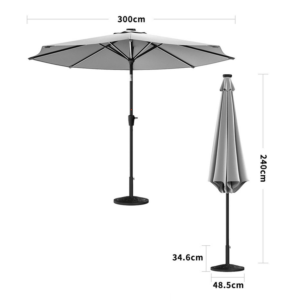 SONNENSCHIRM aus Polyester Metall in Hellgrau mit Resin-Sockel drehbar 360° neigbar 60° 3 x 2.4m Ø49 × 35 cm - Grau, Metall (300/240cm) - Livingandhome