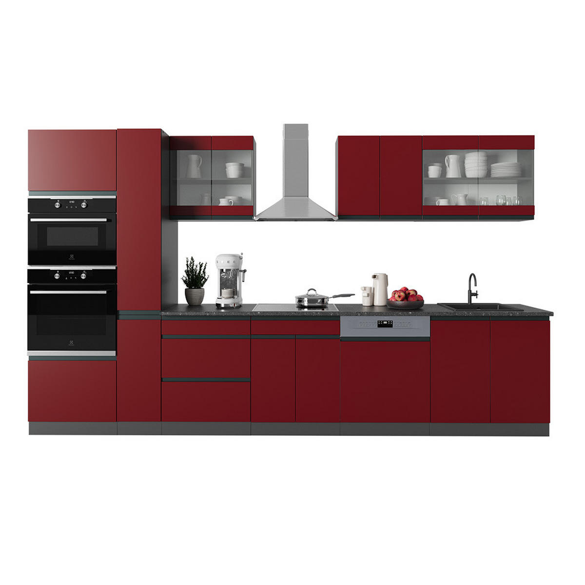 KÜCHENZEILE R-Line Rot/Anthrazit 350 cm J-Shape mit Hochschrank ohne AP - Rotbraun/Anthrazit, Holzwerkstoff (350/81.6/46cm) - Vicco