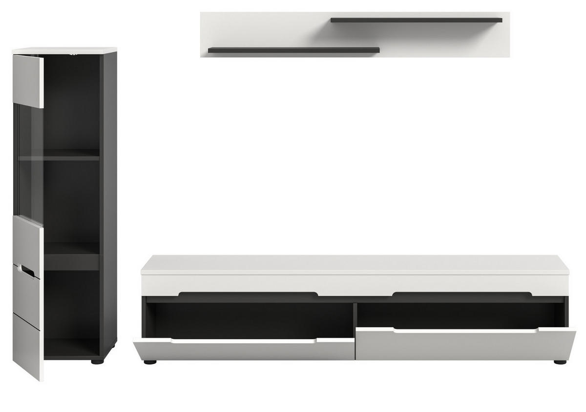 WOHNWAND weiß, grau, Wohnkombination 3-teilig hängend / stehend 221 cm, Cooper - Schwarz/Weiß, Glas/Holzwerkstoff (221/141/33cm)