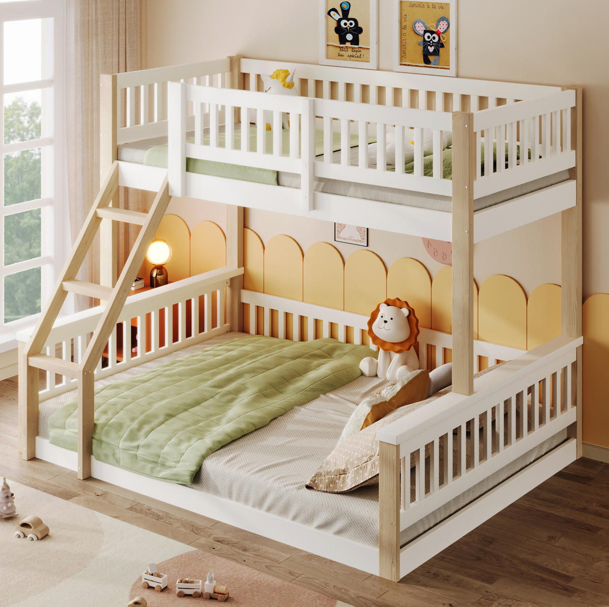 ETAGENBETT 90/200 cm + 140/200 cm, Weiß/Natur mit Leiter und Bettgitter ohne Matratze - Weiß, Holzwerkstoff (140/200cm) - MIVRAY
