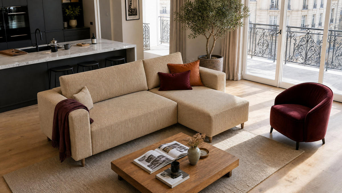 ECKSOFA mit Schlaffunktion und Bettkasten Rio, Ecksofa Cordstoff Beige, Ottomane Universal, 249x142 cm - Beige, Textil (249/142cm) - Marpur