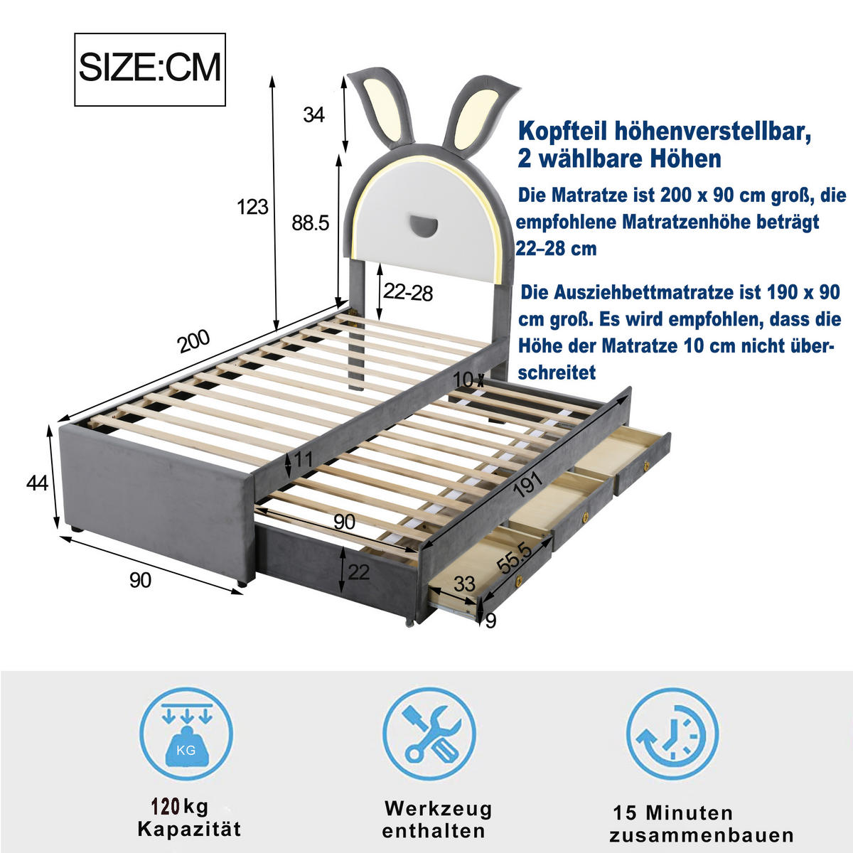 KINDERBETT 90/200 cm grau mit Ausziehbett und LED-Beleuchtung - Grau, Textil (90/200cm) - OKWISH