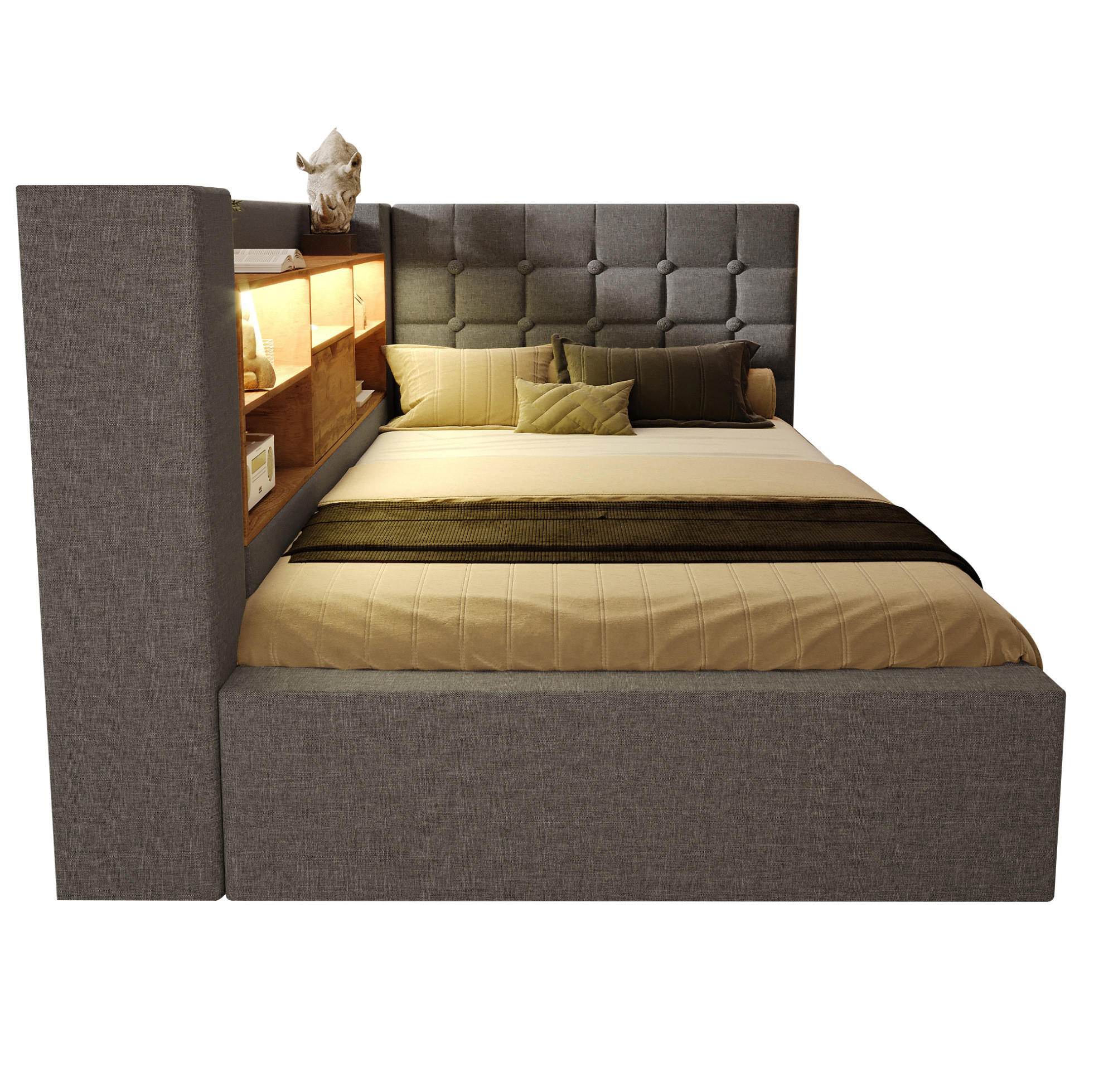 BETT mit LED und Stauraum inkl. Matratze 90x200 cm Leinen Grau - Grau, Metall (90/200cm) - Meubliv