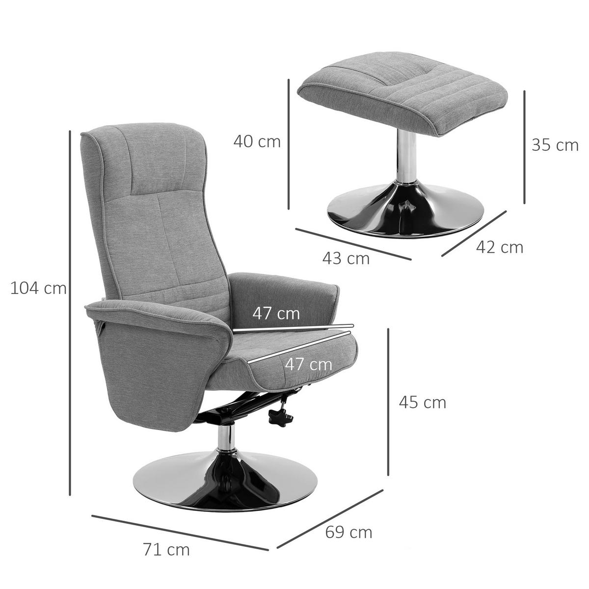 RELAXSESSEL mit Fußhocker 360°drehbarer Fernsehsessel bis 150 kg Samt Grau - Chromfarben/Grau, Textil/Metall (71/104/69cm) - HOMCOM