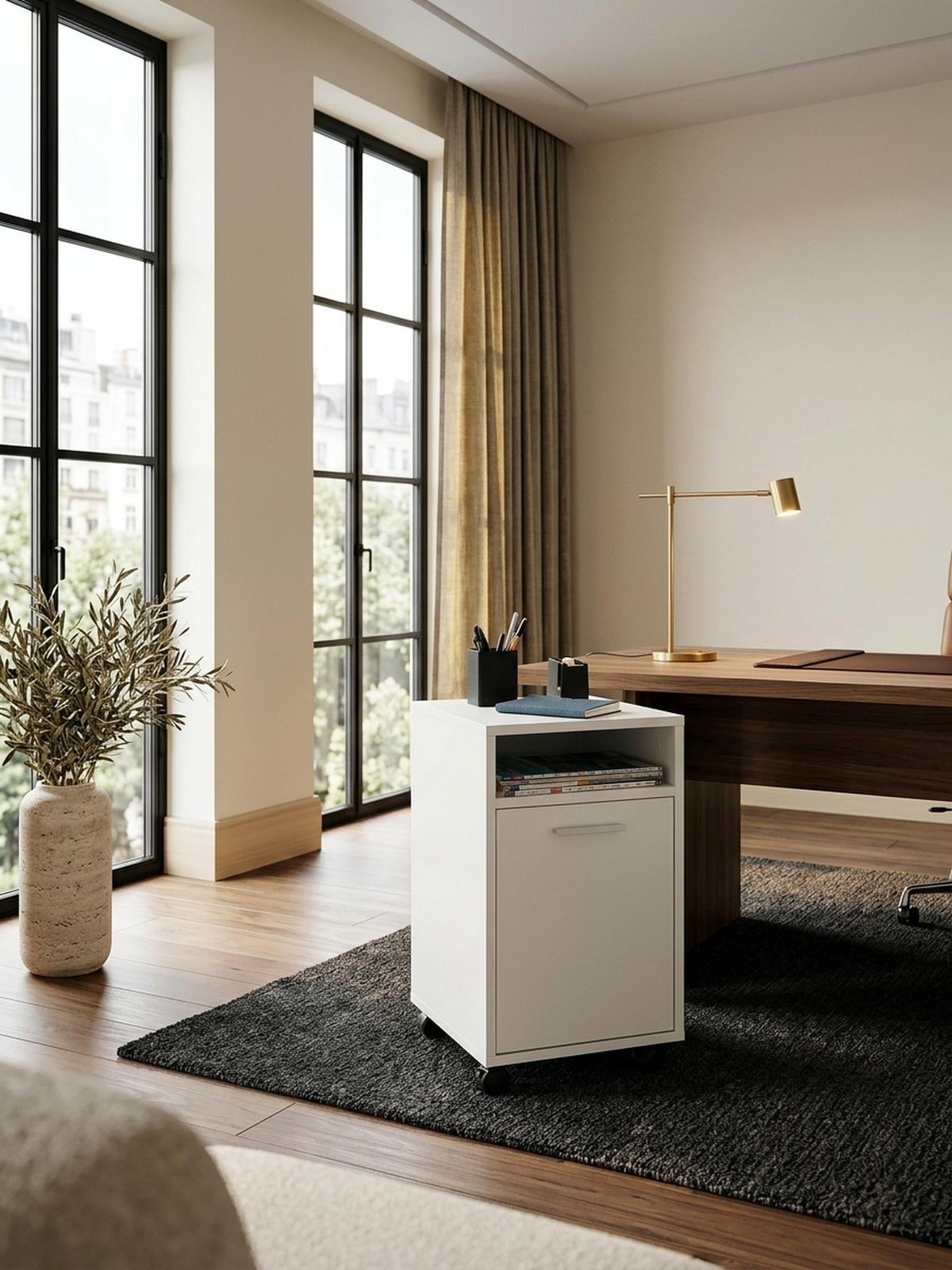 ROLLCONTAINER 2 Türfächer Ablage Rollen Mit Bremsen OSSOLA, Weiß 33x38x60 cm - Schwarz/Weiß, Holz/Kunststoff (33/60/38cm) - KADIMA DESIGN