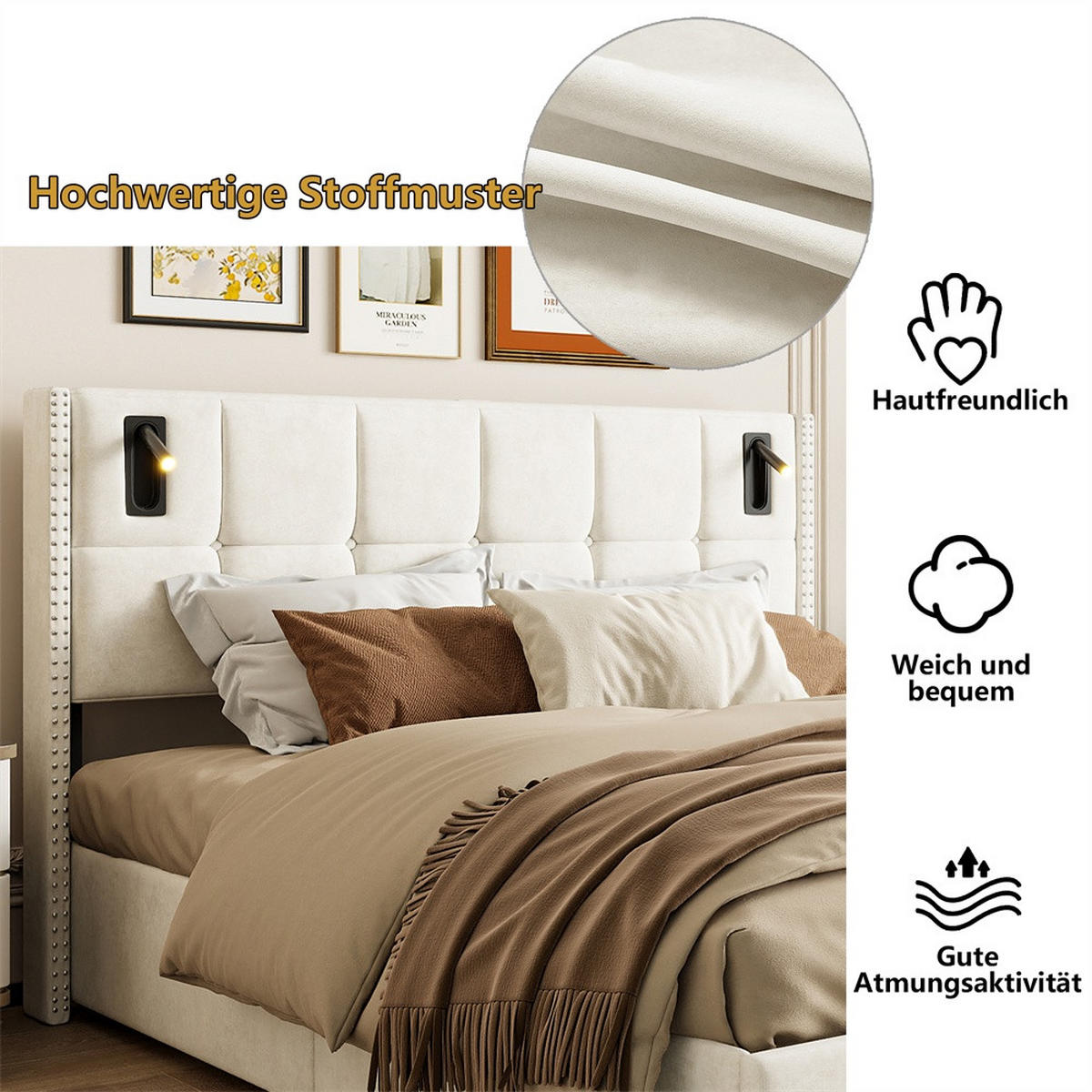 POLSTERBETT 140x200 cm - mit integrierten LED-Leseleuchten und hydraulischer Hebefunktion - ohne Matratze - Beige - Beige, Textil (140/200cm) - DELFA