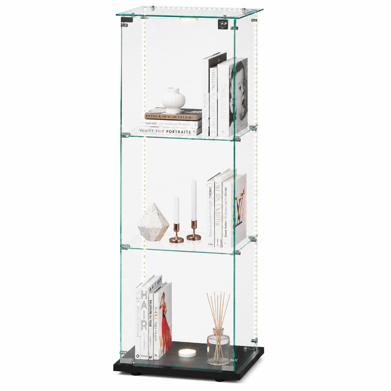 VITRINE,3-STÖCKIG Vitrinenschrank mit LED-Beleuchtung,Schwarz - Schwarz, Glas (40/123/35cm) - PARAFTA HOME