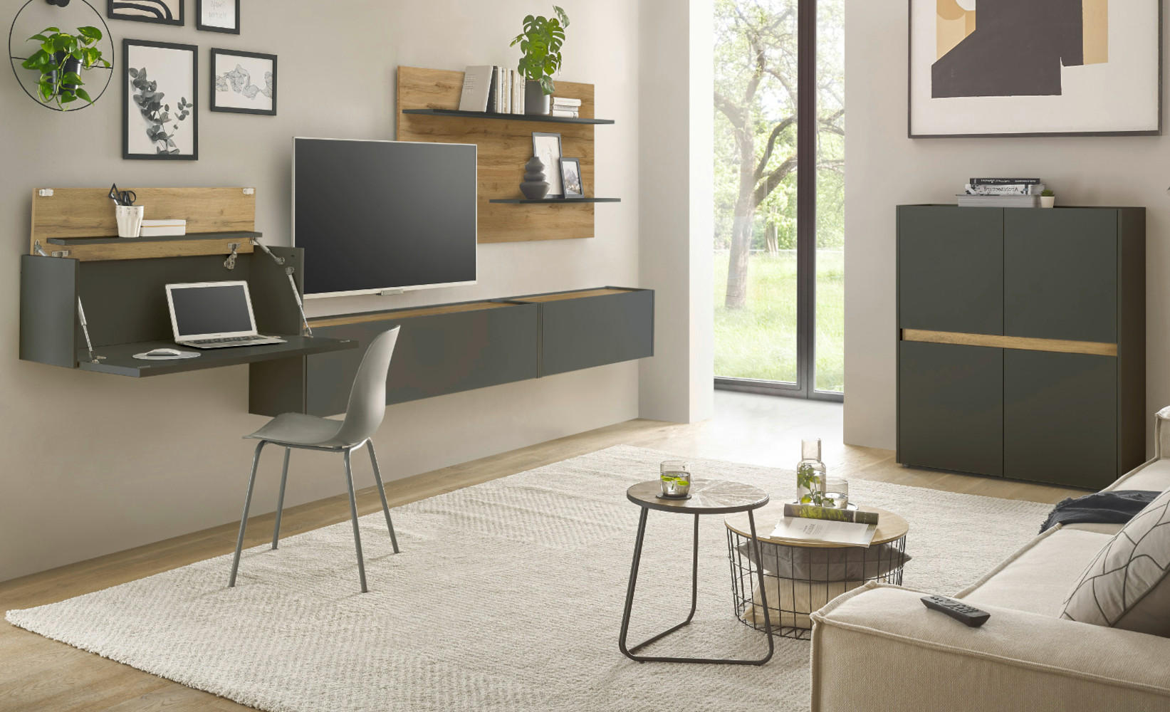 WOHNWAND grau matt, Eiche Wotan 470 cm, Schrankwand mit Sekretär - Eiche Wotan/Grau, Holzwerkstoff/Kunststoff (470/180/40cm) - Furn.Design